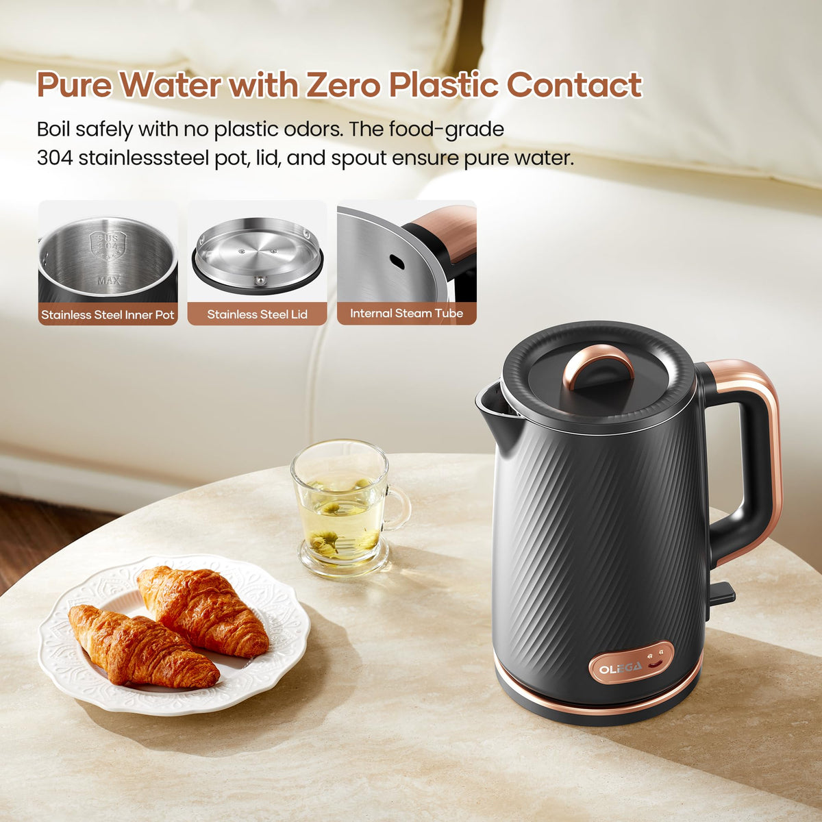 OLEGA Electric Kettle: 1200W Fast Boil Electric Water Kettles, 1.5L Double Wall Stainless Steel Tea Kettle, Auto Shut-Off, BPA-Free Hot Water Boiler Teapot for Coffee & Tea -Ligth Green