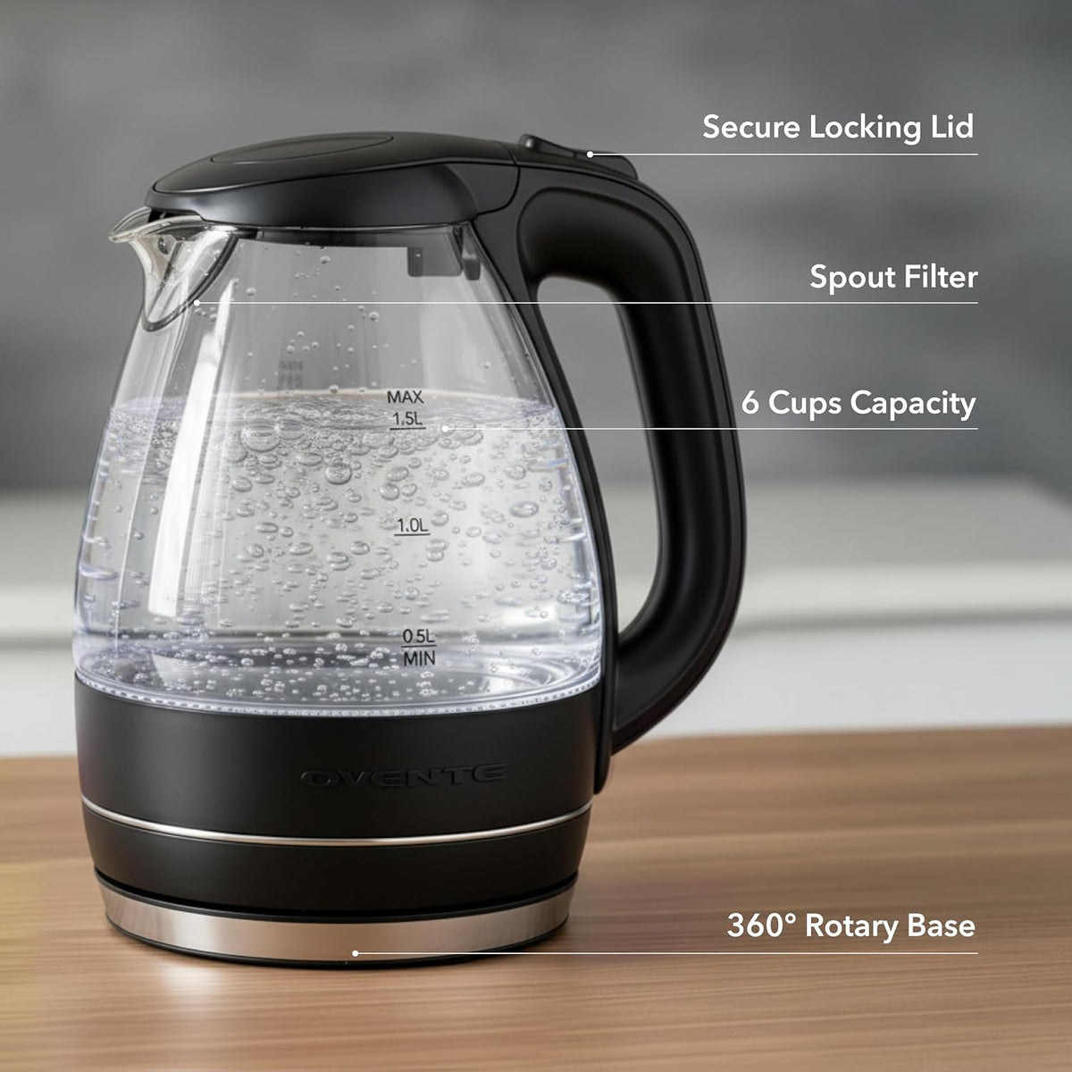 OVENTE 1.5L Glass Electric Kettle Water Boiler, Black KG83B