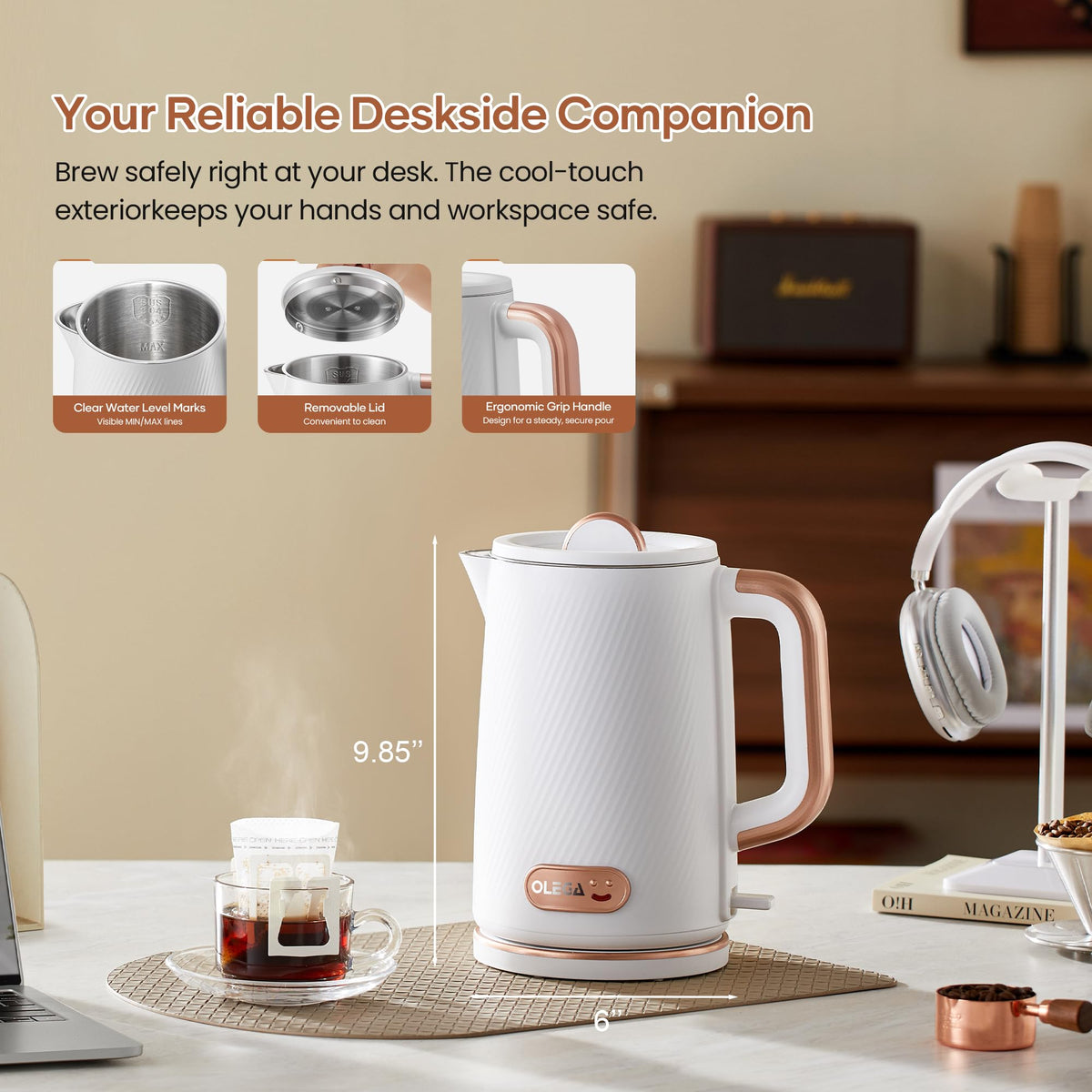 OLEGA Electric Kettle: 1200W Fast Boil Electric Water Kettles, 1.5L Double Wall Stainless Steel Tea Kettle, Auto Shut-Off, BPA-Free Hot Water Boiler Teapot for Coffee & Tea -Ligth Green