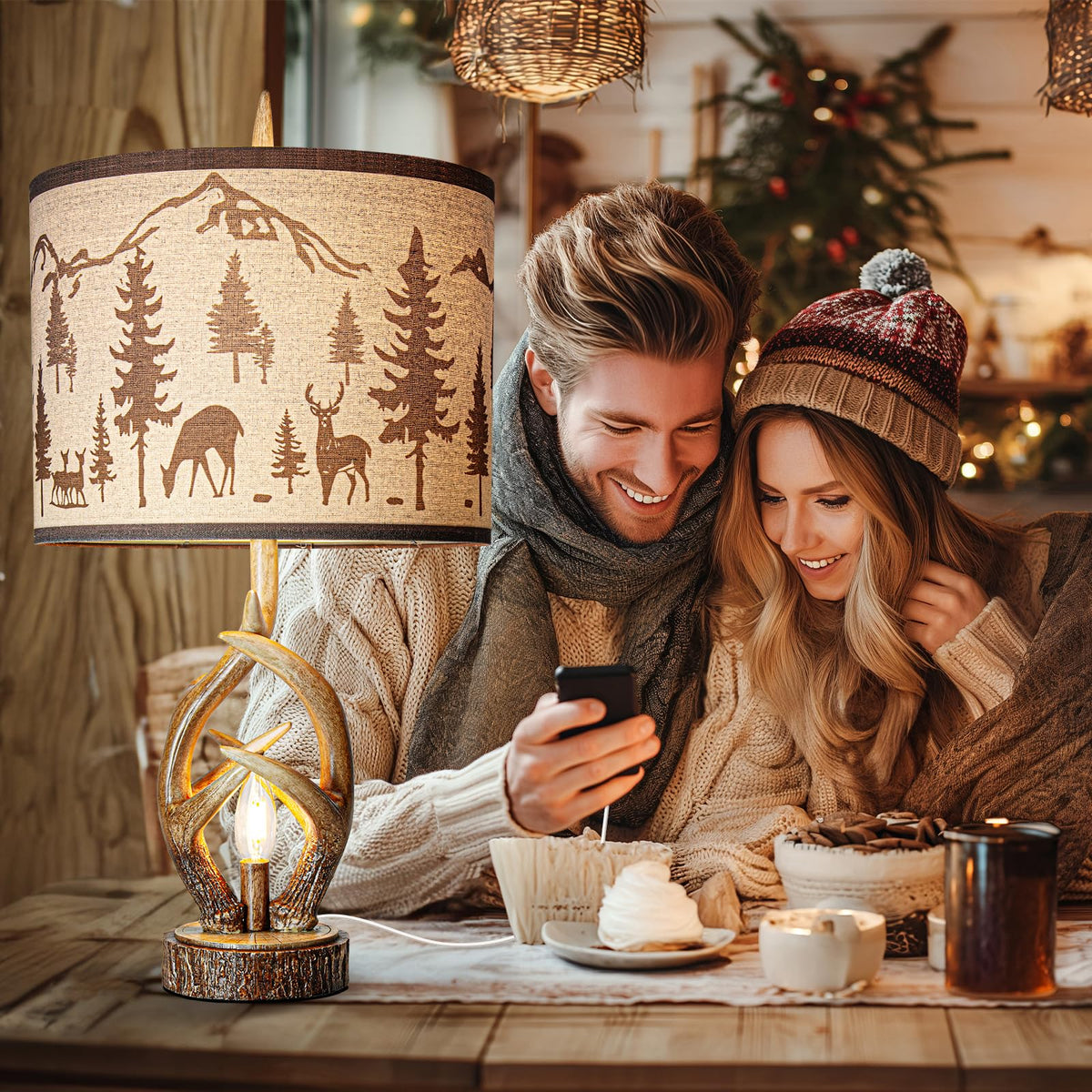 Scenekoy Deer Antler Table Lamp Set of 2 with Nightlight for Living Room