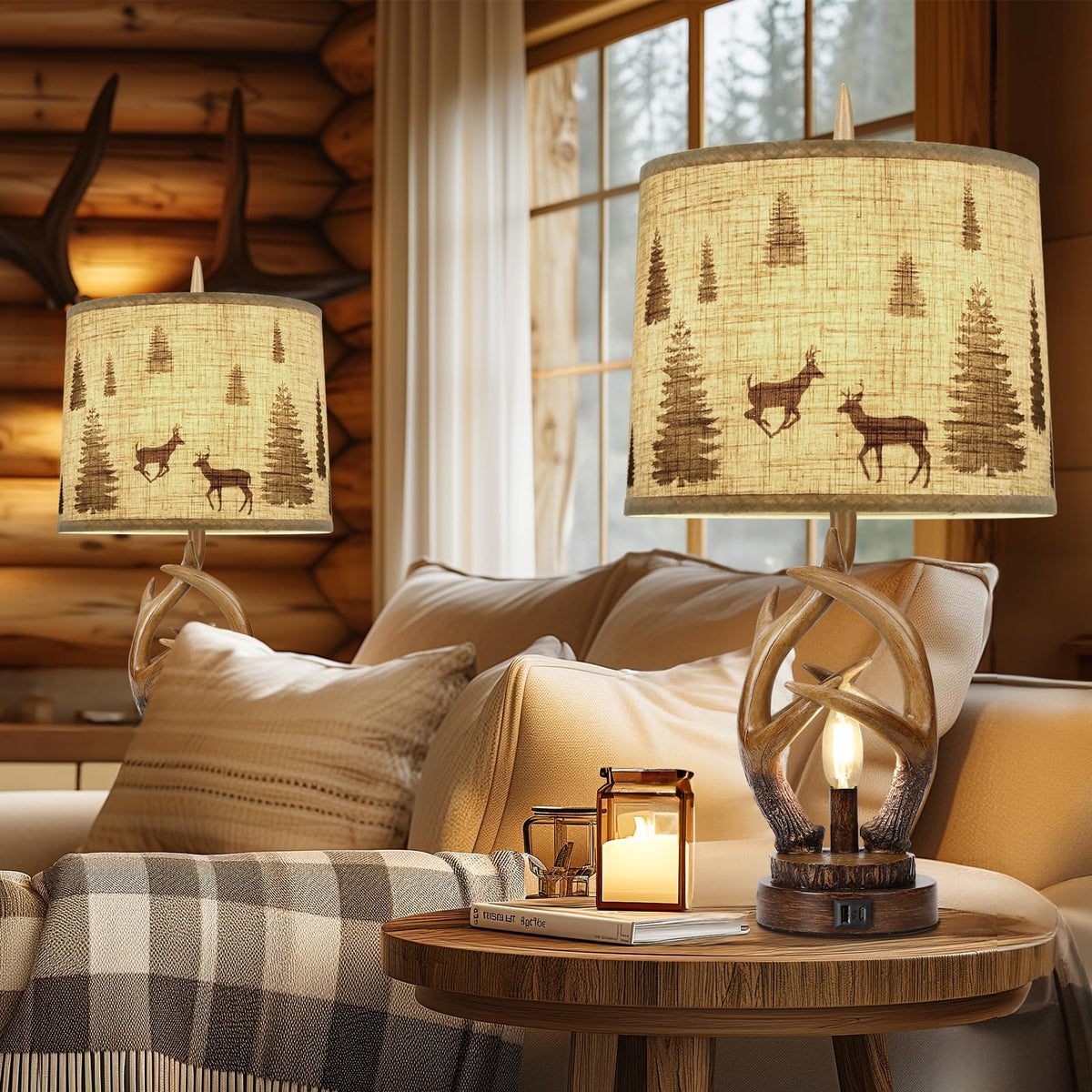 Scenekoy Deer Antler Table Lamp Set of 2 with Nightlight for Living Room