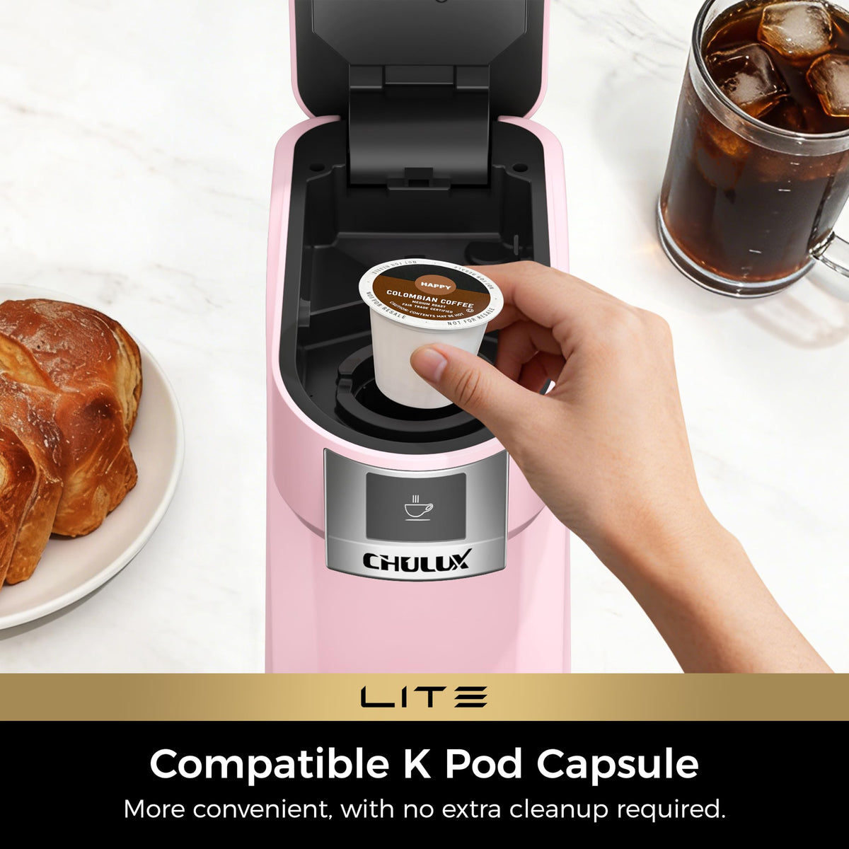 CHULUX Lite Single Serve Coffee Maker for K Cup with One Touch Brew, White