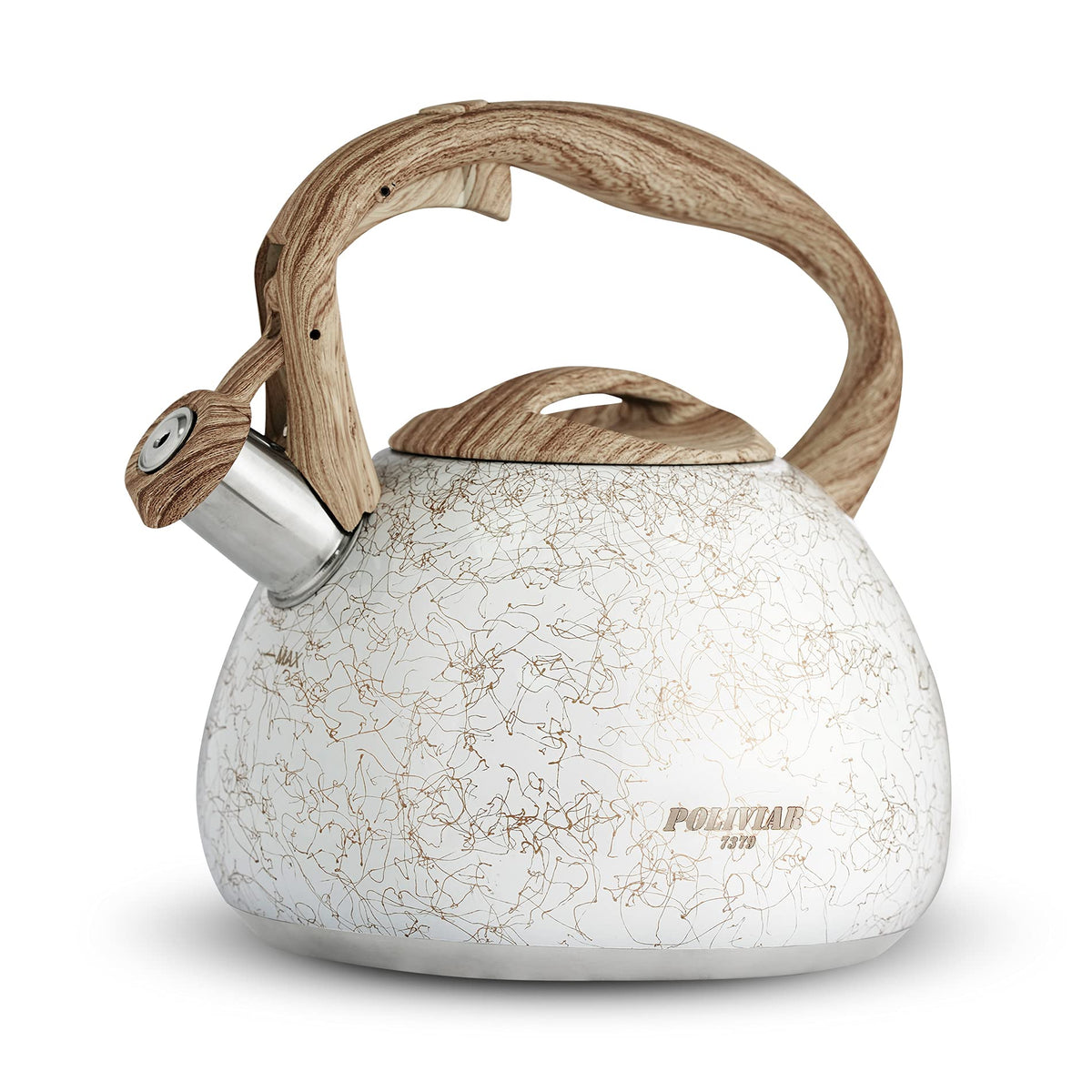 POLIVIAR Tea Kettle, 2.7 Quart Natural Stone Finish with Wood Pattern Handle Loud Whistle Food Grade Stainless Steel Teapot, Anti-Hot Handle and Anti-Rust, Suitable for All Heat Sources (JX2018-GR20)