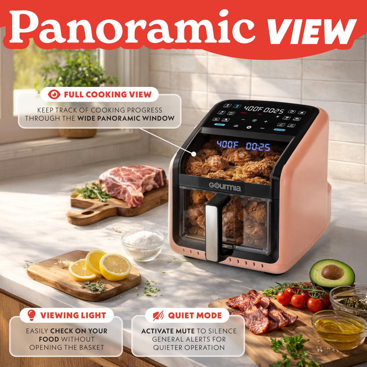 Gourmia Air Fryer - 7 Qt Basket Capacity with Panorama Window, Black