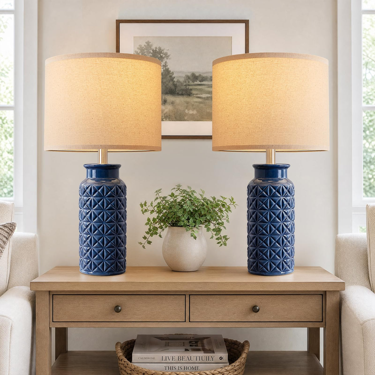 Innqoo 22.6" Modern Ceramic Bedside Lamps Set of 2, Lamps for Bedroom,White