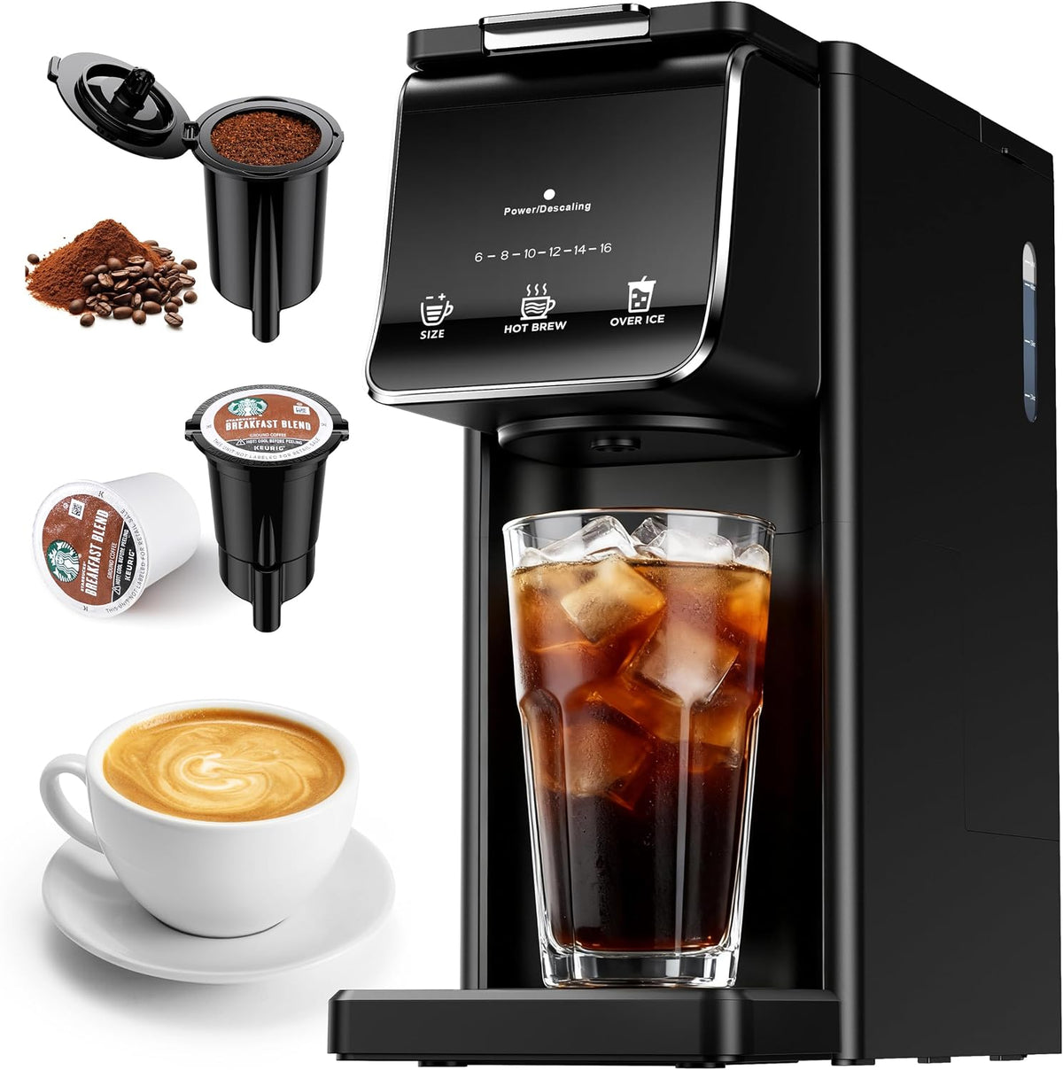 KIDISLE Single Serve K Cup & Ground Coffee Maker, Hot & Iced Brew, Black