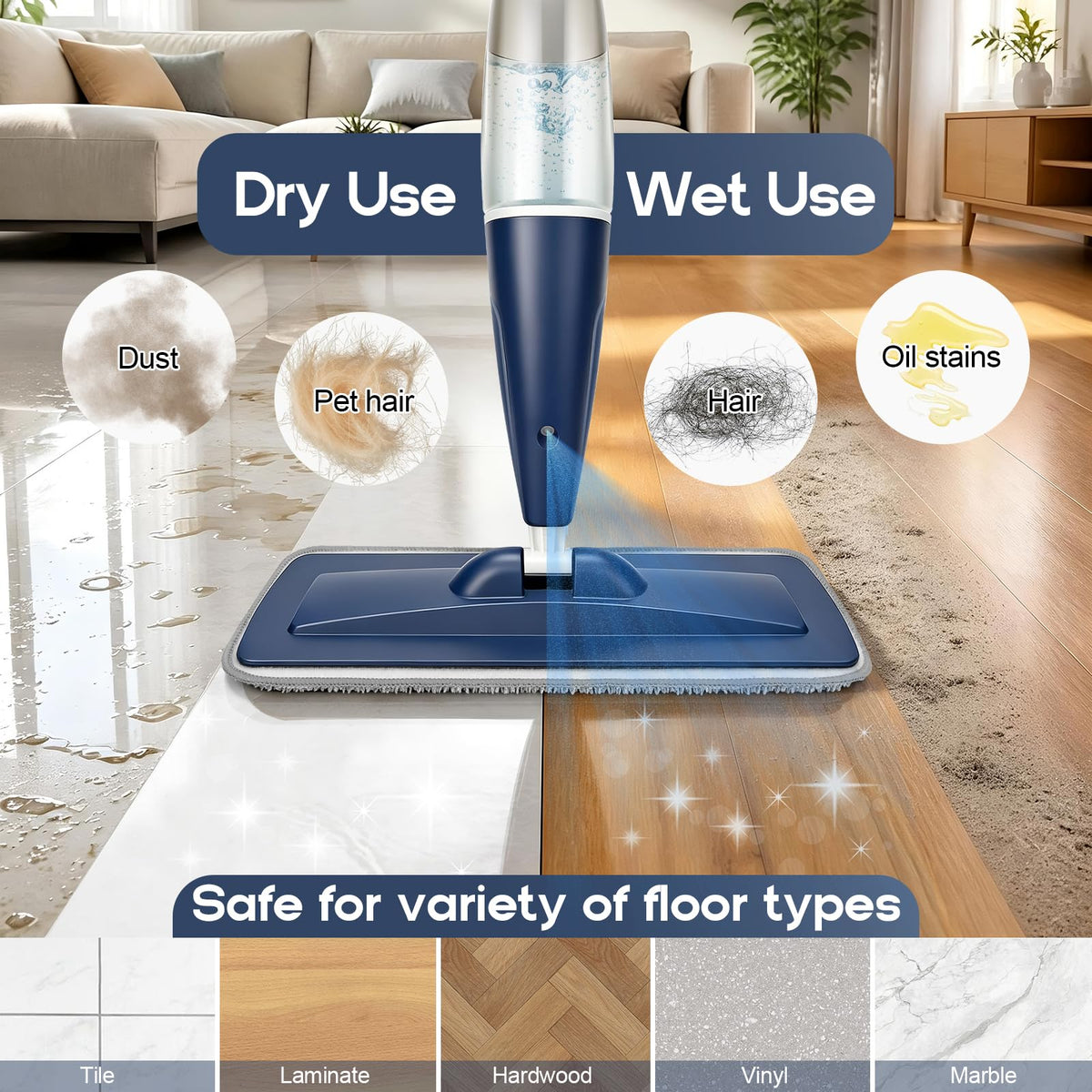 Spray Mop for Hardwood Tile Floor Cleaning with Microfiber Washable Pads