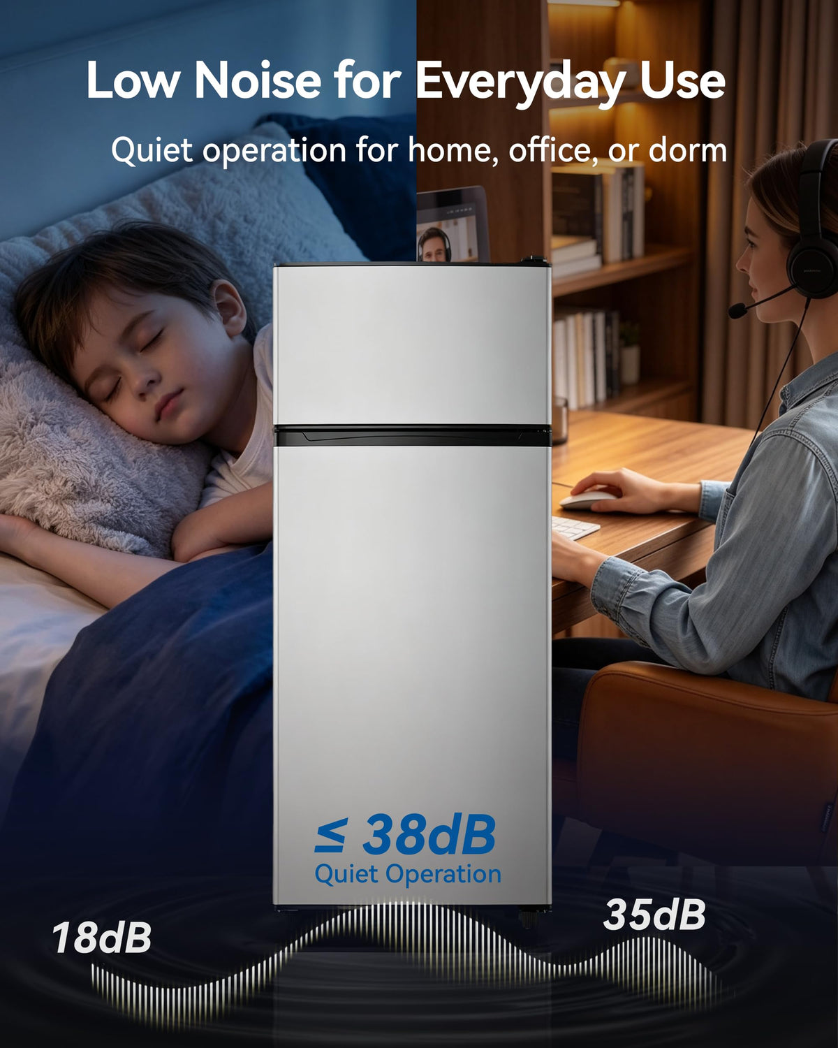 4.5 Cu.Ft Mini Fridge Freezer for Dorm/Office, 2-Door, Quiet