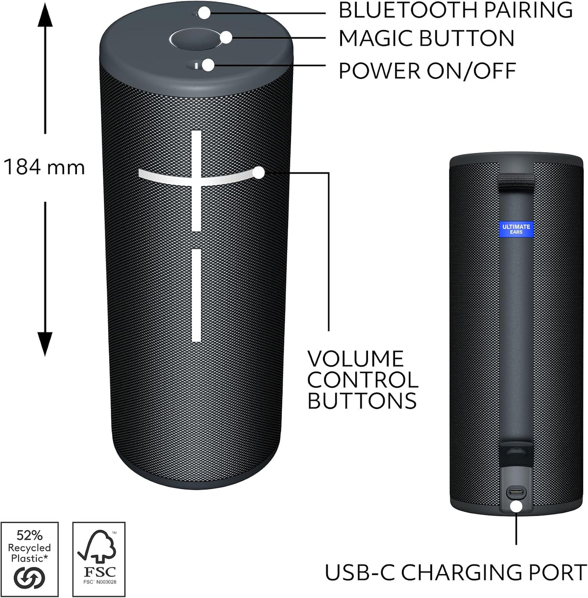 Ultimate Ears Boom 4 Portable Bluetooth Speaker, Waterproof - Black