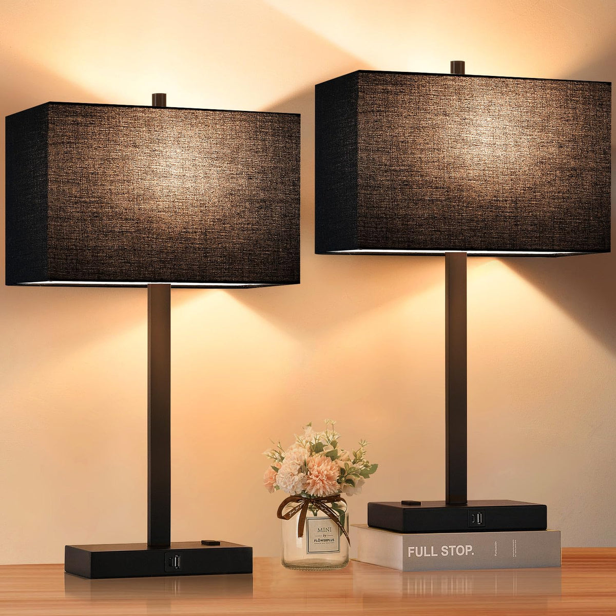 Lynnoland Set of 2 Touch Control Table Lamps with 2 USB & AC Outlet, 3-Way Dimmable Bedside Nightstand Lamps for Bedroom Living Room Nursery, 800 Lumens 5000K Daylight Bulbs Included