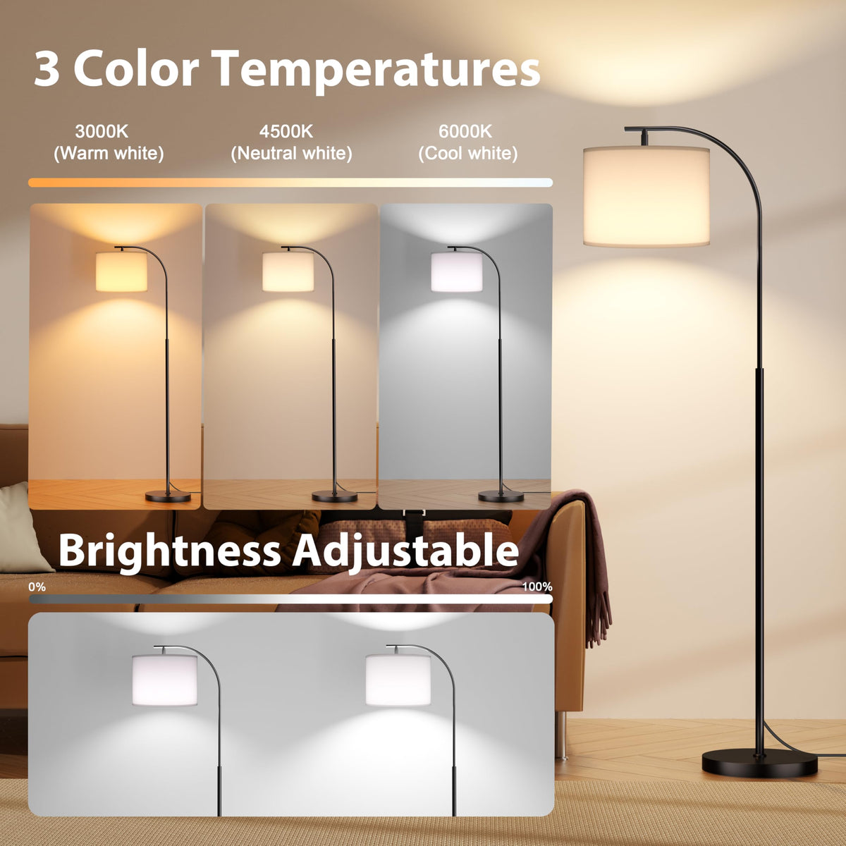 SIBRILLE Floor Lamp with Linen Shade, Arc Dimmable Tall Standing Lamp with Remote Control, Modern Floor Reading Light for Living Room Bedroom Office Corner, 9W LED Bulb Included
