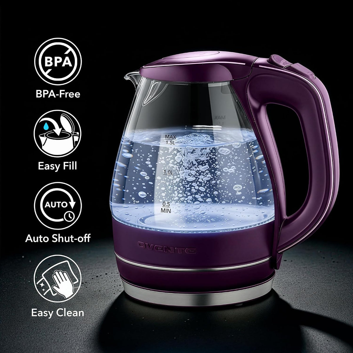 OVENTE 1.5L Glass Electric Kettle Water Boiler, Black KG83B