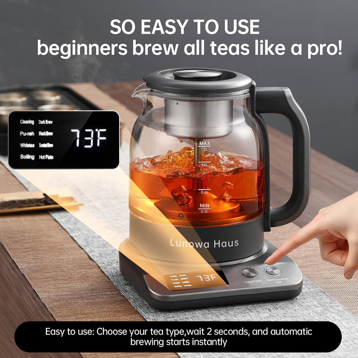 120V Titanium & Glass Electric Tea Kettle, Pro Steam Extraction for All Teas (Green, Black, Oolong), 11 Temp & 10 Strength Levels, 1.2L, 12H Keep Warm, BPA-Free, 2 Infusers