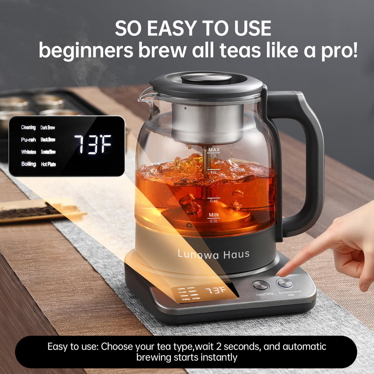 120V Titanium & Glass Electric Tea Kettle, Pro Steam Extraction for All Teas (Green, Black, Oolong), 11 Temp & 10 Strength Levels, 1.2L, 12H Keep Warm, BPA-Free, 2 Infusers