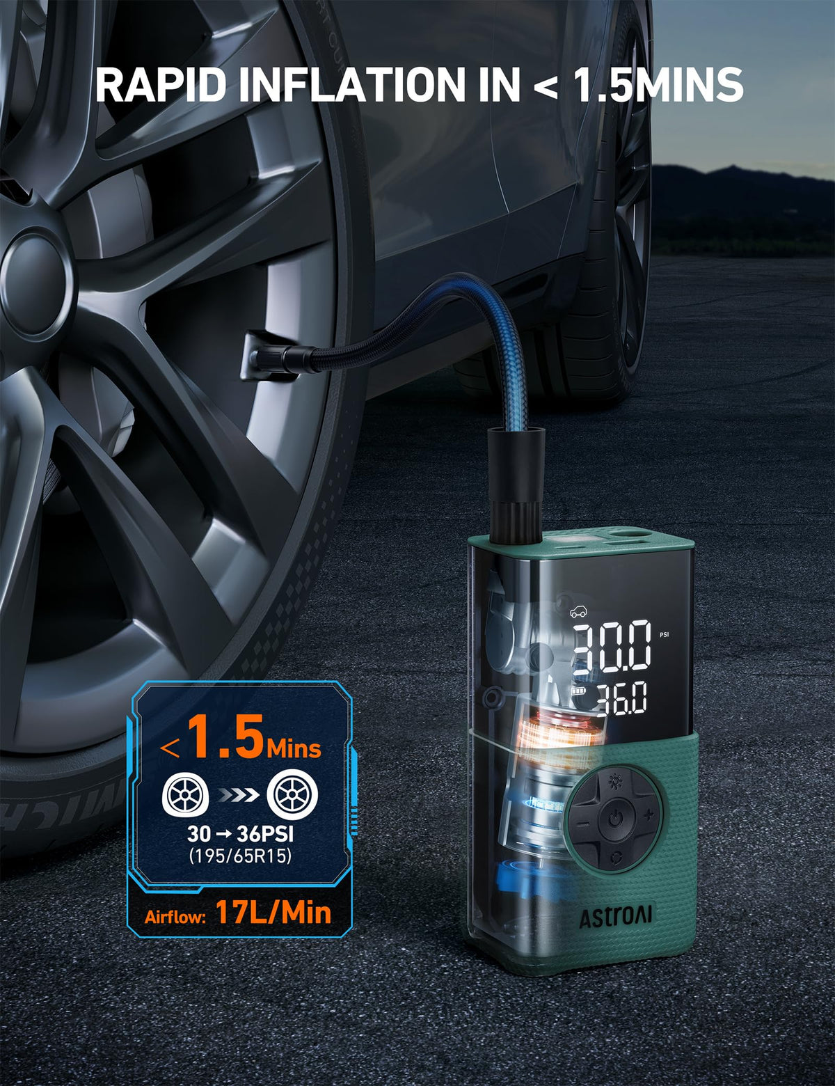 AstroAI L7 Tire Inflator Portable Air Compressor,150 PSI Cordless Bike Pump | For Car Tires, Bikes, Motorcycles and Balls; Auto Shut-off, Digital Display Pressure Gauge, Fast Inflation, LED Light