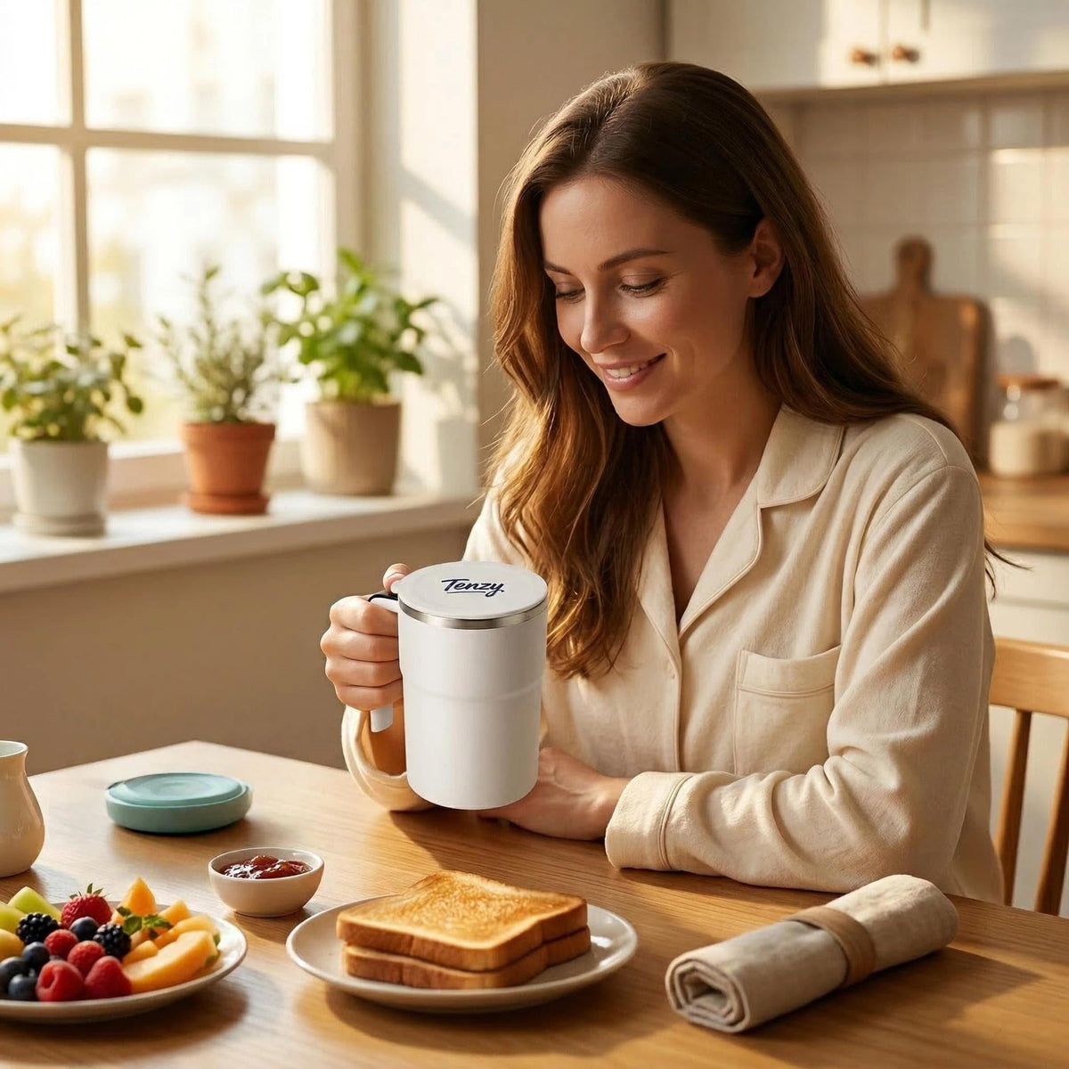 TENZY Self Stirring Coffee Mug, USB-C Rechargeable, 12.8 oz, Light Beige