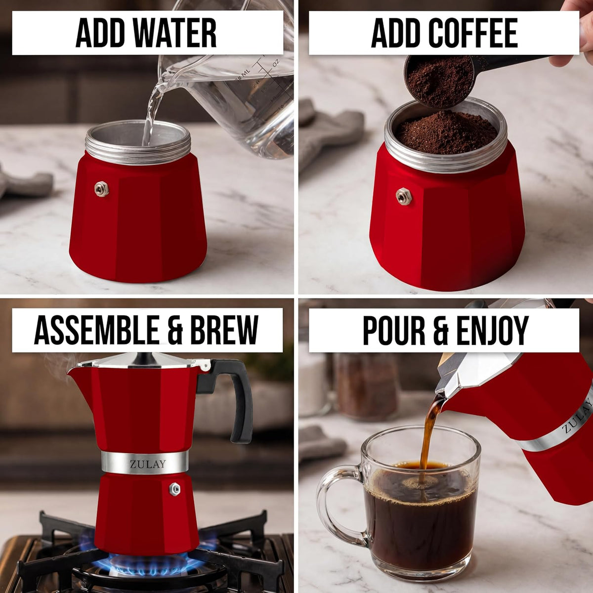 Zulay Moka Pot Espresso Stovetop Coffee Maker - Leak-Proof, Stainless Steel, Easy to Clean, Heat Resistant Handle & Knob - for Authentic Cuban & Italian Style Espresso - Makes 6 Espresso Cups - Red