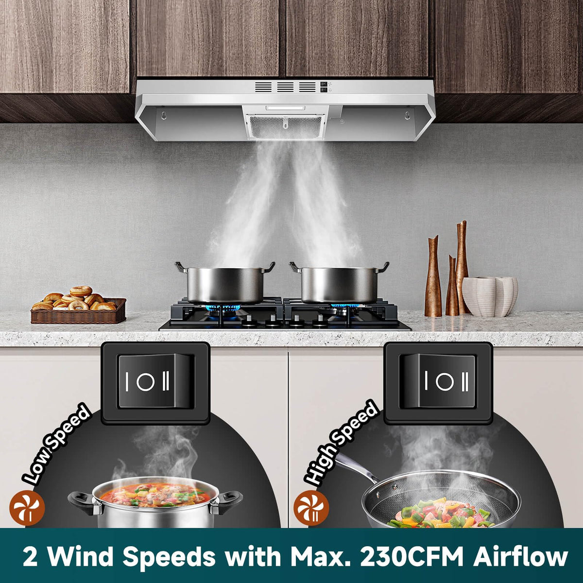SNDOAS 30 inch Range Hood Ducted/Ductless Convertible Stainless Steel Range Hood Under Cabinet with Rocker Button Control,Vent Hood with LED Light,2 Speed Exhaust Fan,Under Cabinet Hood,Silver