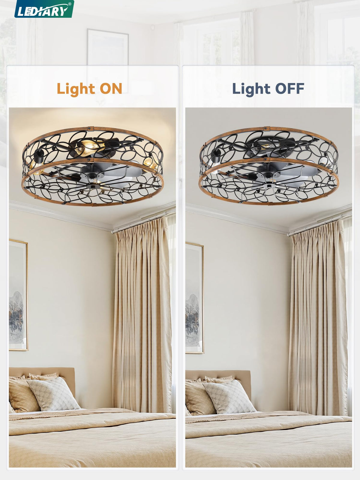 LEDIARY Caged Ceiling Fan with Light, Flush Mount Fandalier with Remote