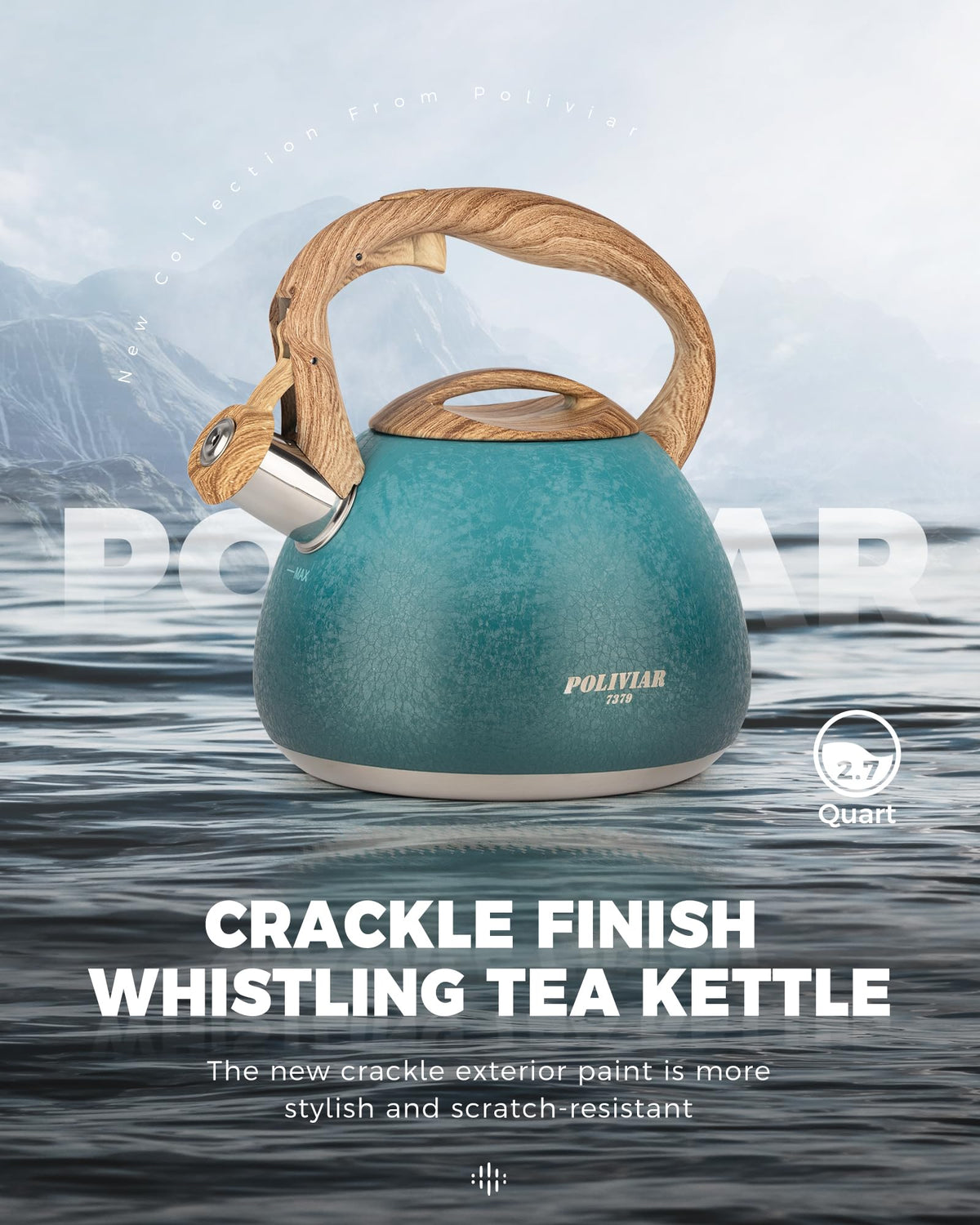 POLIVIAR Tea Kettle, 2.7 Quart Natural Stone Finish with Wood Pattern Handle Loud Whistle Food Grade Stainless Steel Teapot, Anti-Hot Handle and Anti-Rust, Suitable for All Heat Sources (JX2018-GR20)
