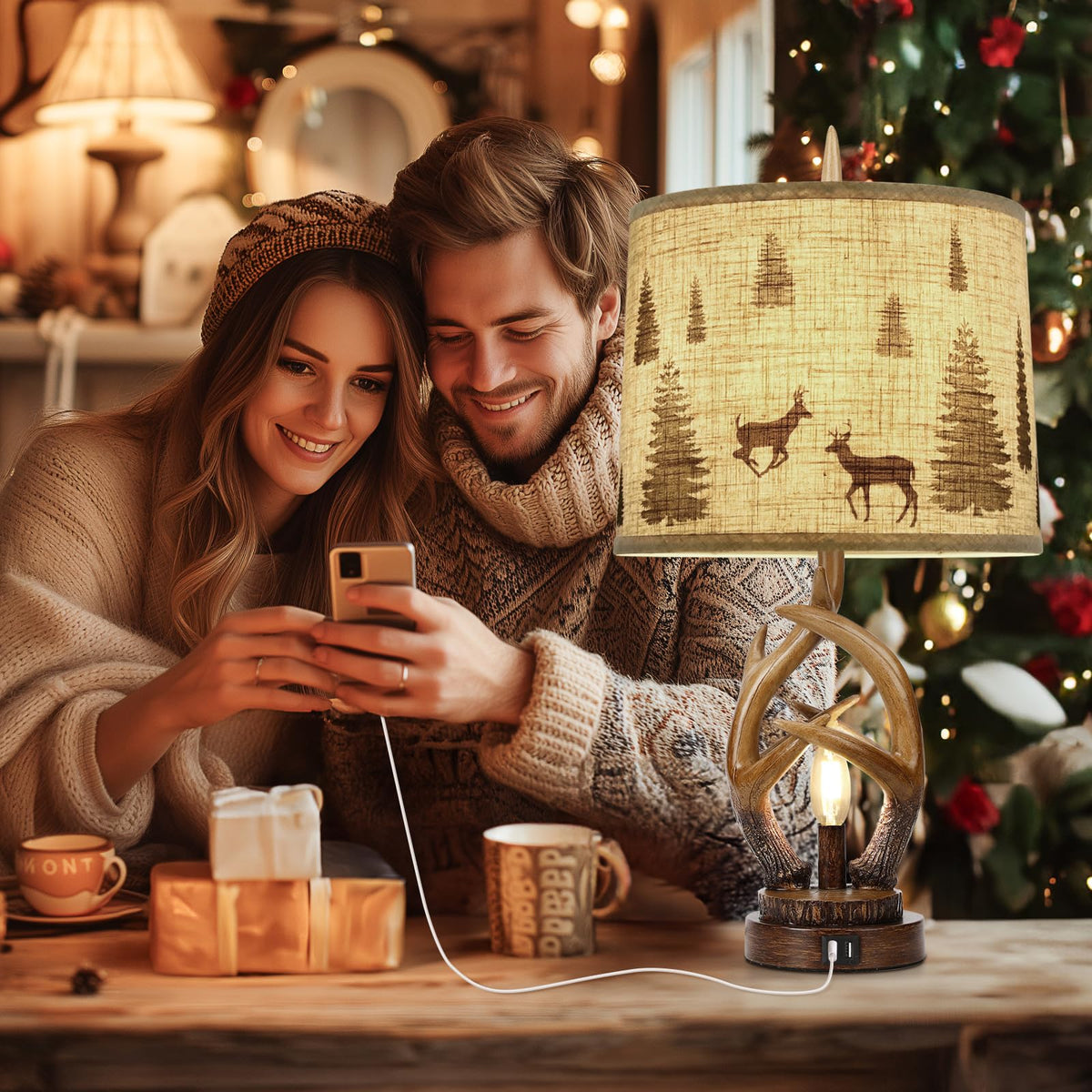 Scenekoy Deer Antler Table Lamp Set of 2 with Nightlight for Living Room