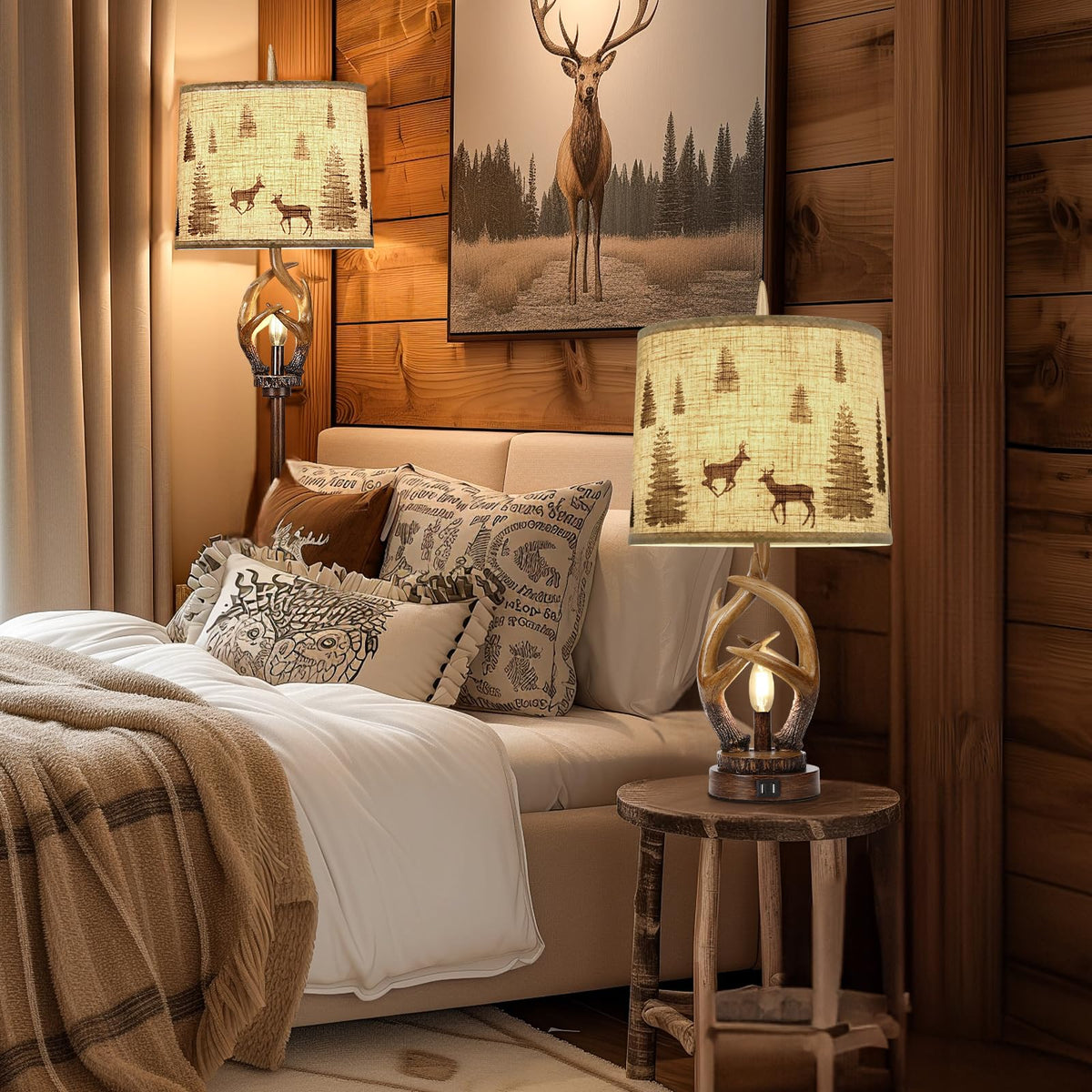 Scenekoy Deer Antler Table Lamp Set of 2 with Nightlight for Living Room