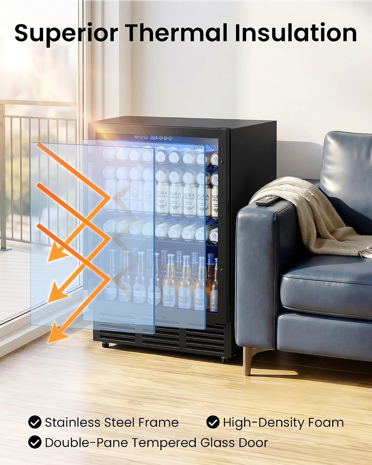 24 Inch Beverage Refrigerator 180 Cans | Under Counter Glass Door