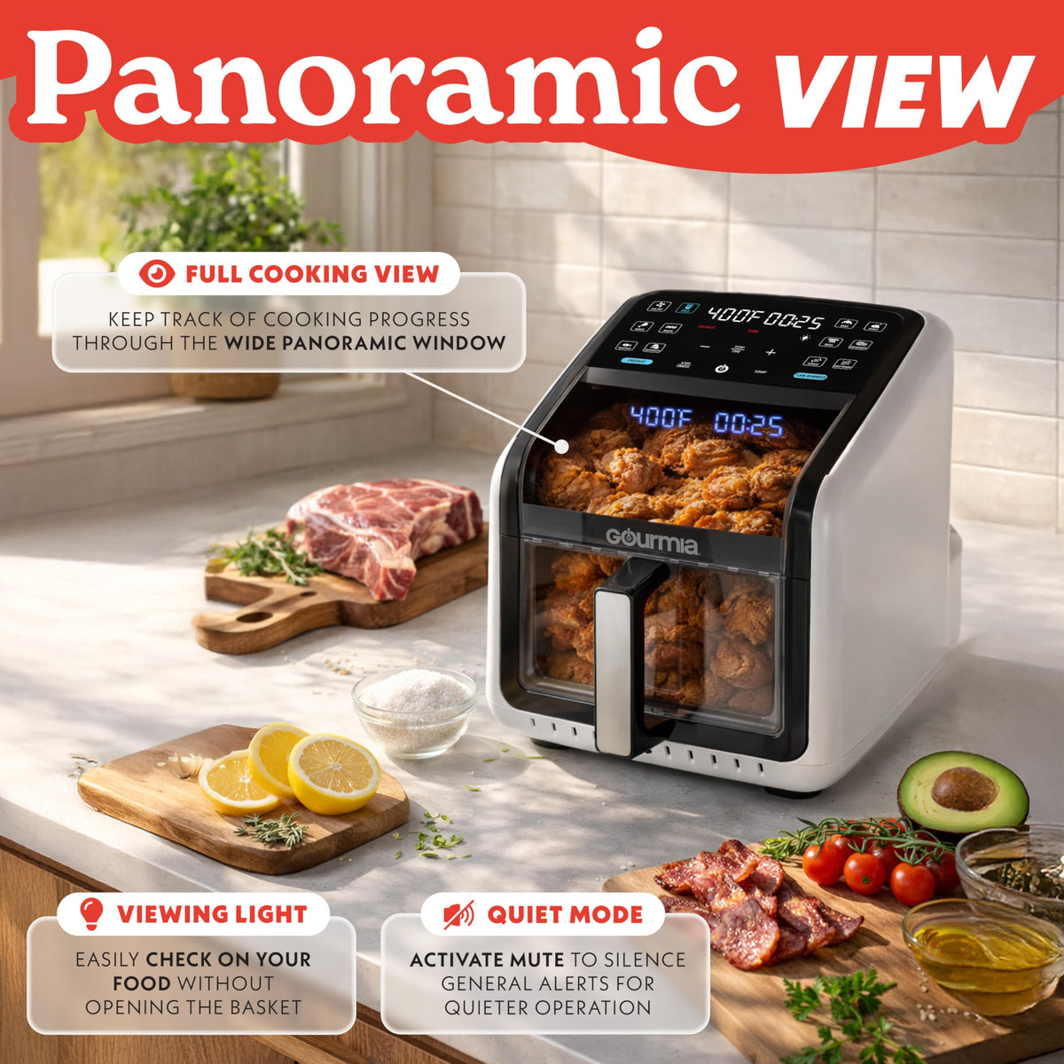 Gourmia Air Fryer - 7 Qt Basket Capacity with Panorama Window, Black