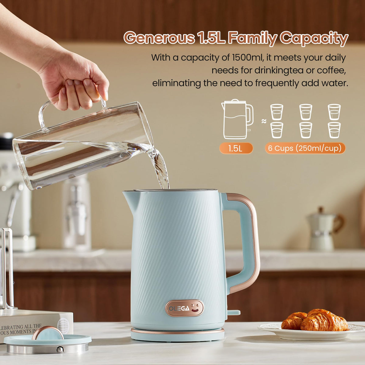 OLEGA Electric Kettle: 1200W Fast Boil Electric Water Kettles, 1.5L Double Wall Stainless Steel Tea Kettle, Auto Shut-Off, BPA-Free Hot Water Boiler Teapot for Coffee & Tea -Ligth Green