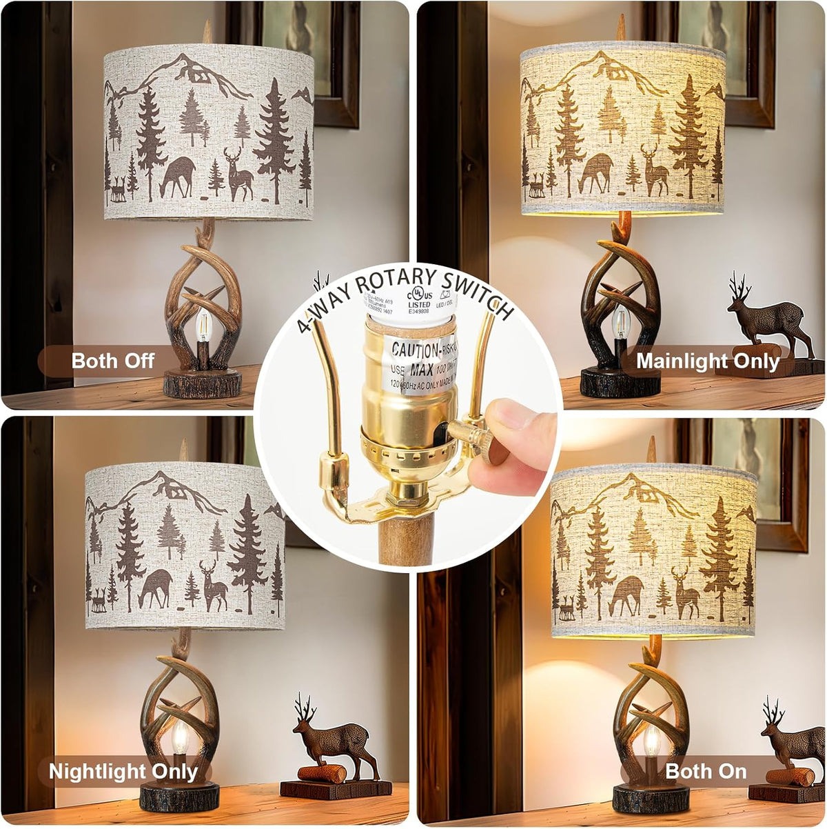 Scenekoy Deer Antler Table Lamp Set of 2 with Nightlight for Living Room