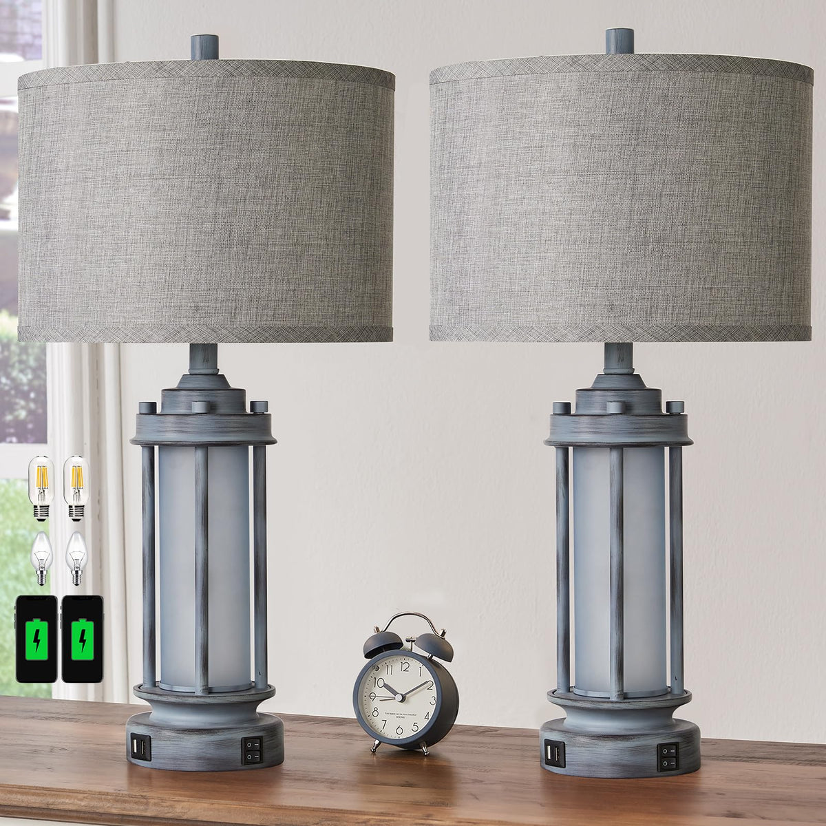 AIEAMPDO 25'' Set of 2 Farmhouse Table Lamps for Living Room with USB C+A