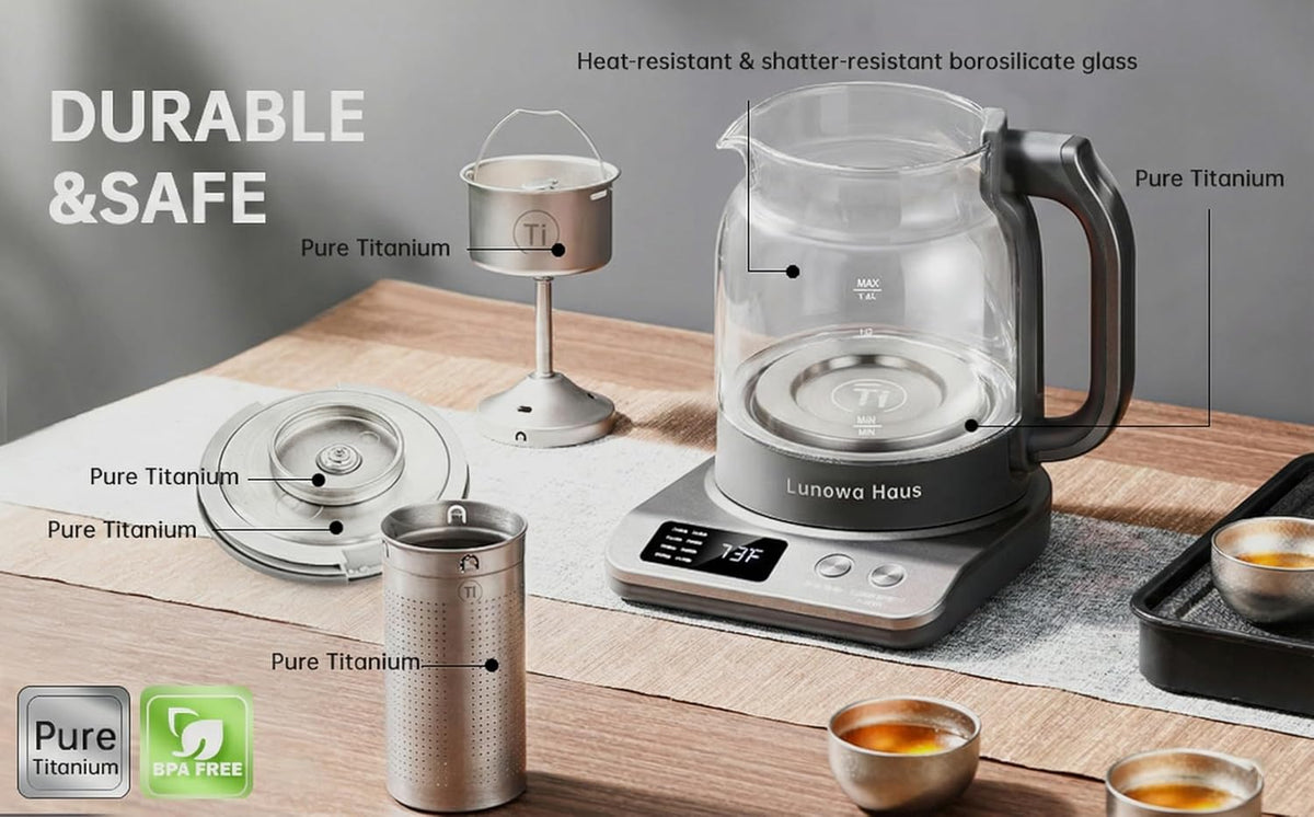 120V Titanium & Glass Electric Tea Kettle, Pro Steam Extraction for All Teas (Green, Black, Oolong), 11 Temp & 10 Strength Levels, 1.2L, 12H Keep Warm, BPA-Free, 2 Infusers