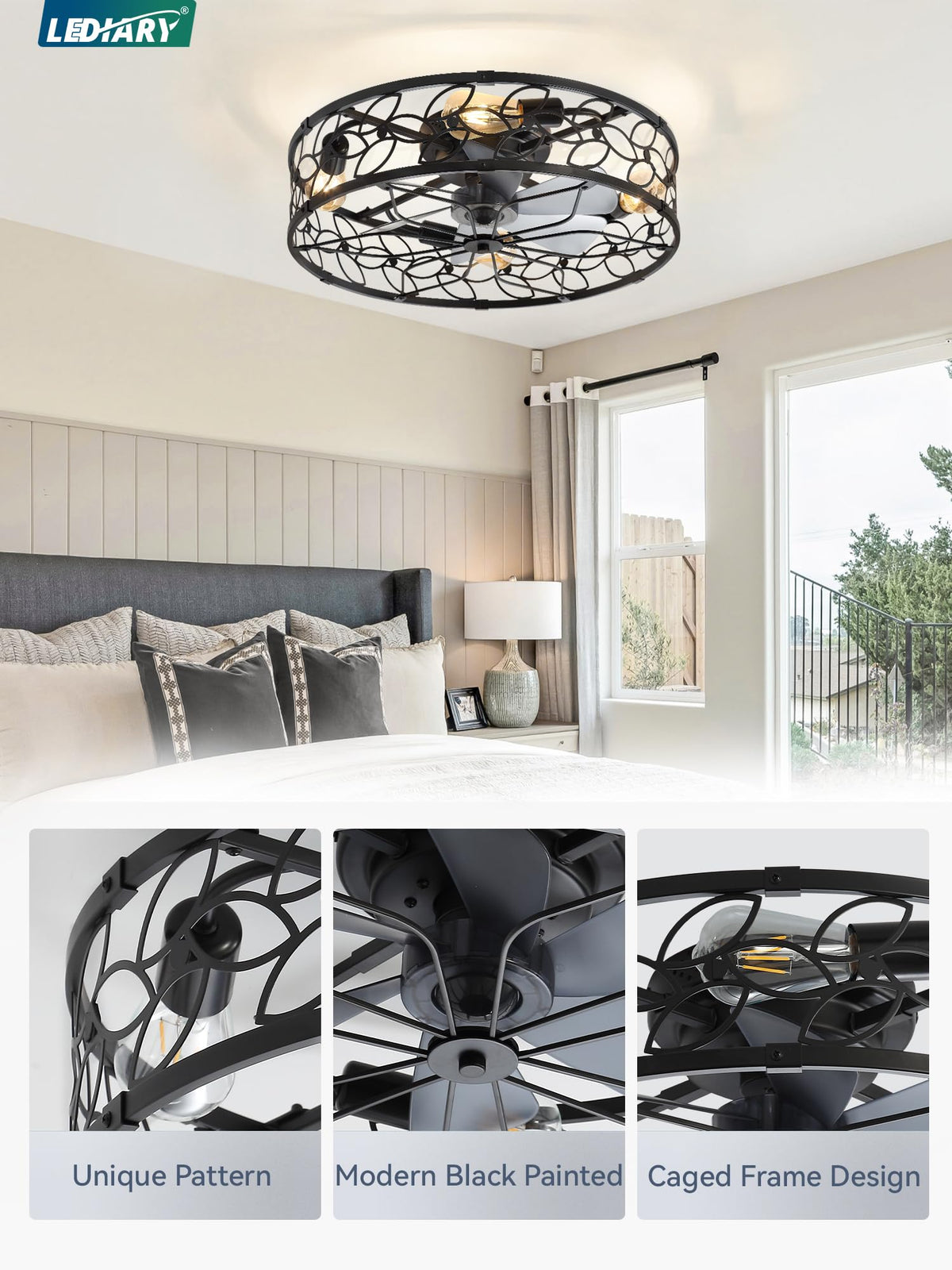 LEDIARY Caged Ceiling Fan with Light, Flush Mount Fandalier with Remote
