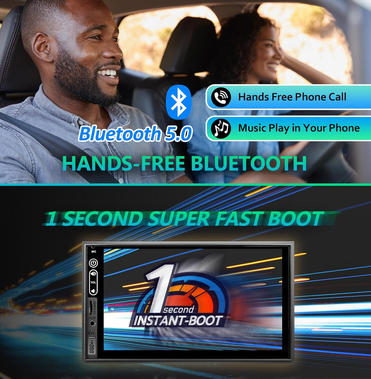 Double Din Car Stereo Compatible with Wireless Apple Carplay, Android Auto - 7" Touch Screen Car Audio Receiver with Bluetooth, AUX, FM Car Radio