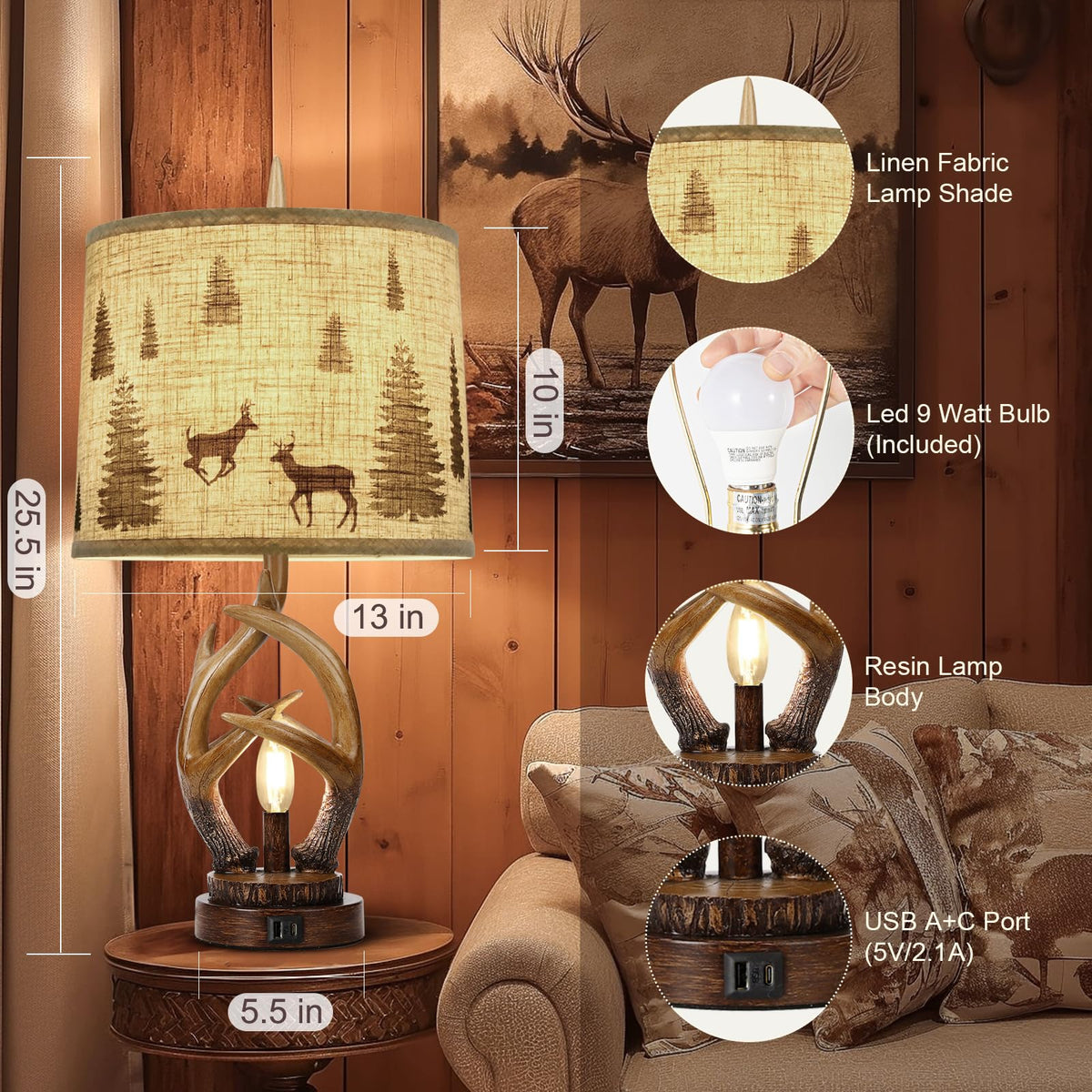 Scenekoy Deer Antler Table Lamp Set of 2 with Nightlight for Living Room