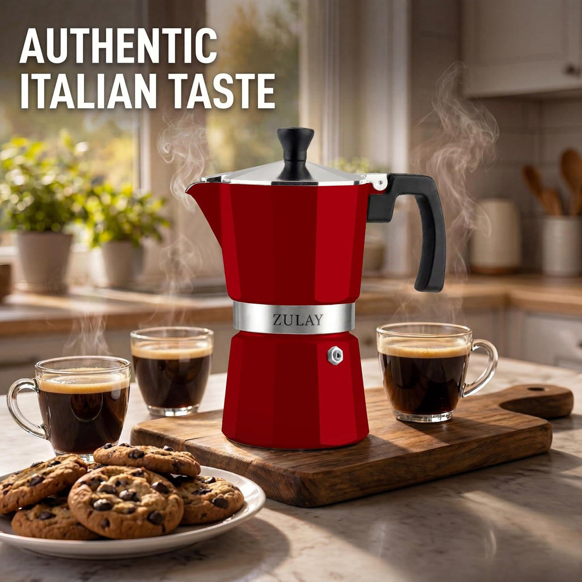 Zulay Moka Pot Espresso Stovetop Coffee Maker - Leak-Proof, Stainless Steel, Easy to Clean, Heat Resistant Handle & Knob - for Authentic Cuban & Italian Style Espresso - Makes 6 Espresso Cups - Red