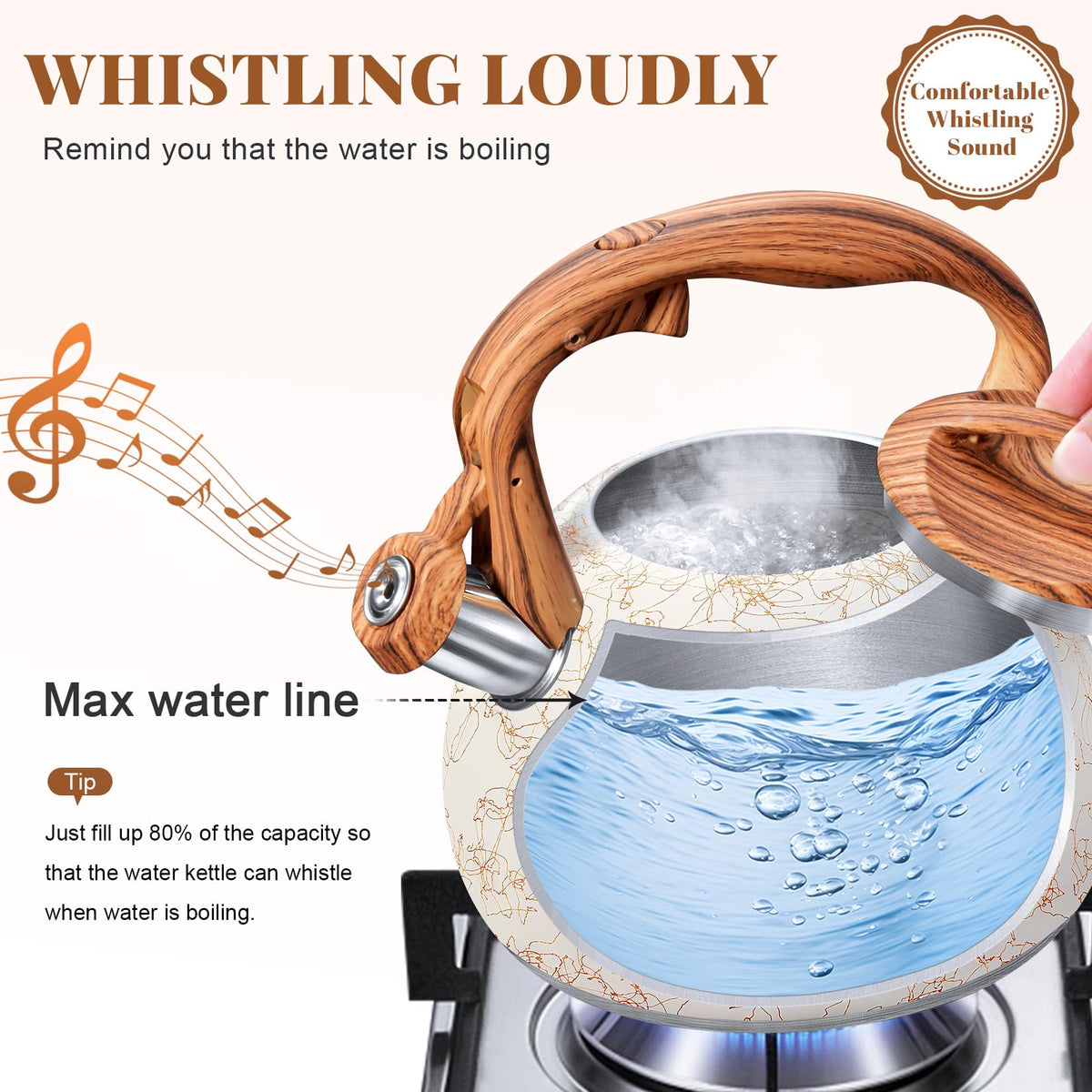 GGC Whistling Tea Kettle for Stove Top, 3.2QT/3L Stainless Steel Tea Kettle