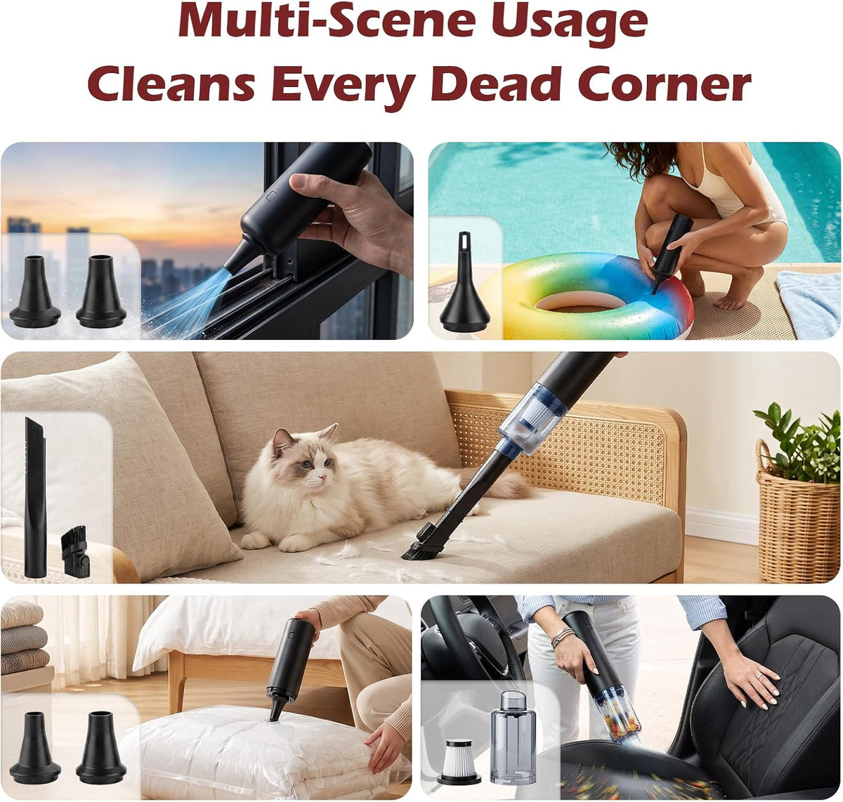 Cordless Handheld Vacuum Cleaner, 6000Pa Portable Mini Hand Vac, 4‑in‑1 Suck Blow Inflate Deflate with 5 Attachments, Picks up Pet Fur Dust Crumbs for Home Sofa Furniture Car