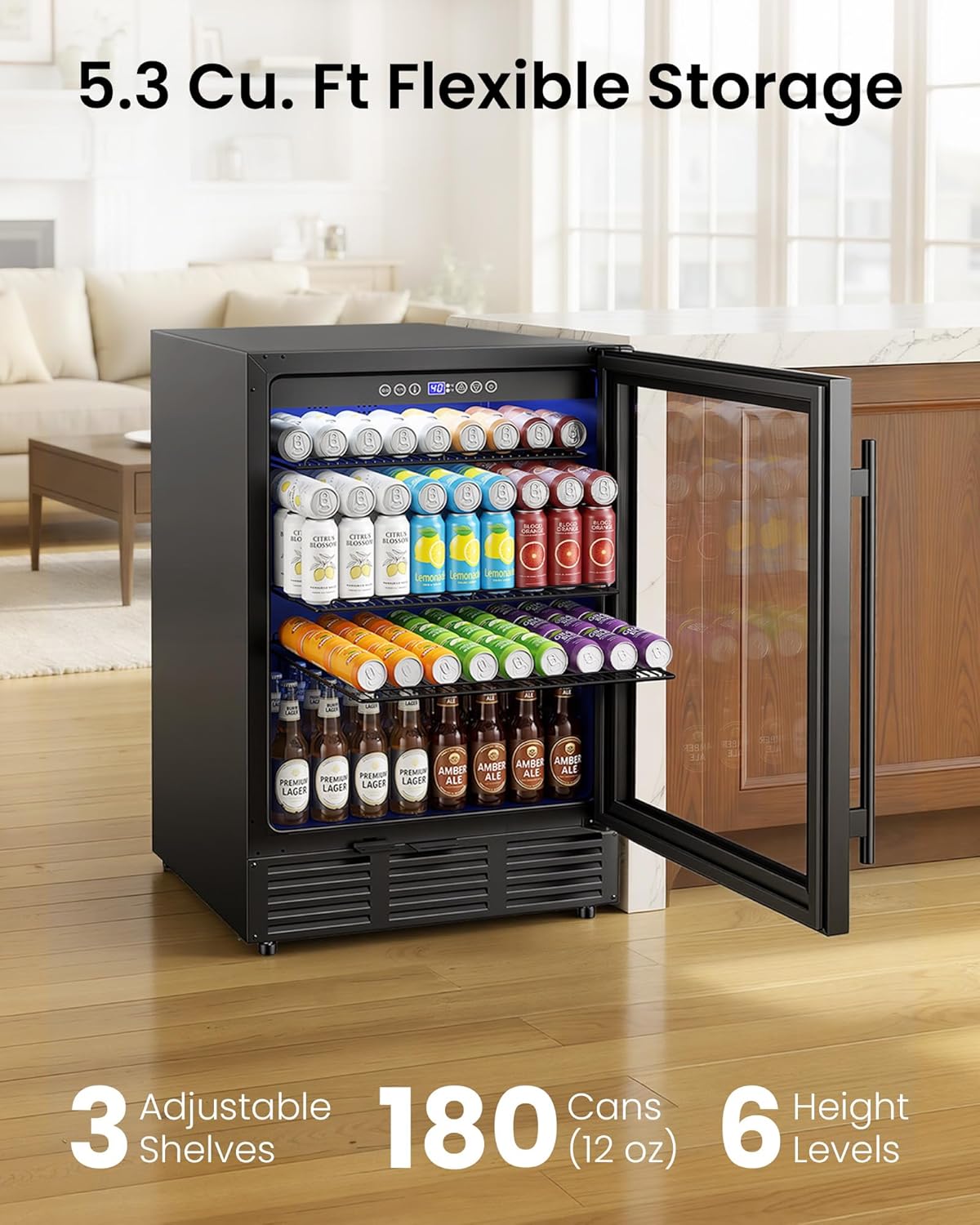 24 Inch Beverage Refrigerator 180 Cans | Under Counter Glass Door
