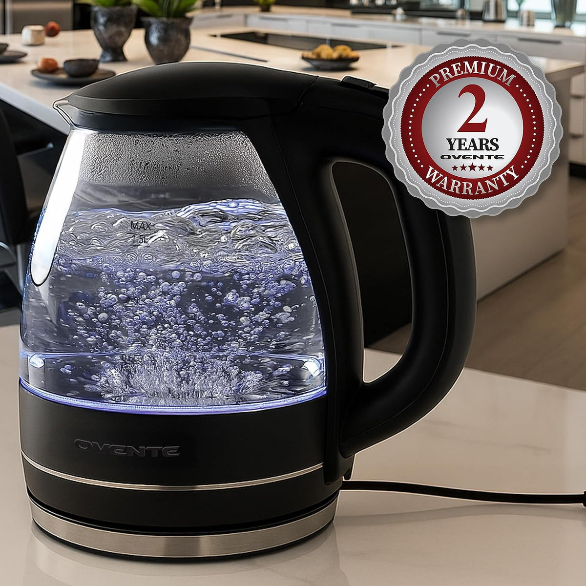 OVENTE 1.5L Glass Electric Kettle Water Boiler, Black KG83B