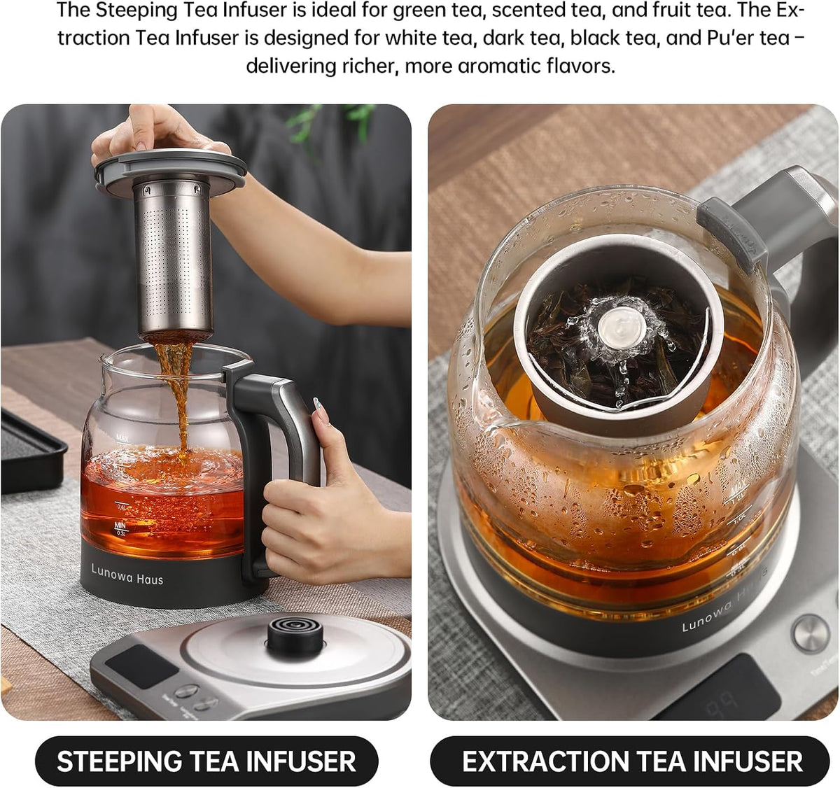 120V Titanium & Glass Electric Tea Kettle, Pro Steam Extraction for All Teas (Green, Black, Oolong), 11 Temp & 10 Strength Levels, 1.2L, 12H Keep Warm, BPA-Free, 2 Infusers