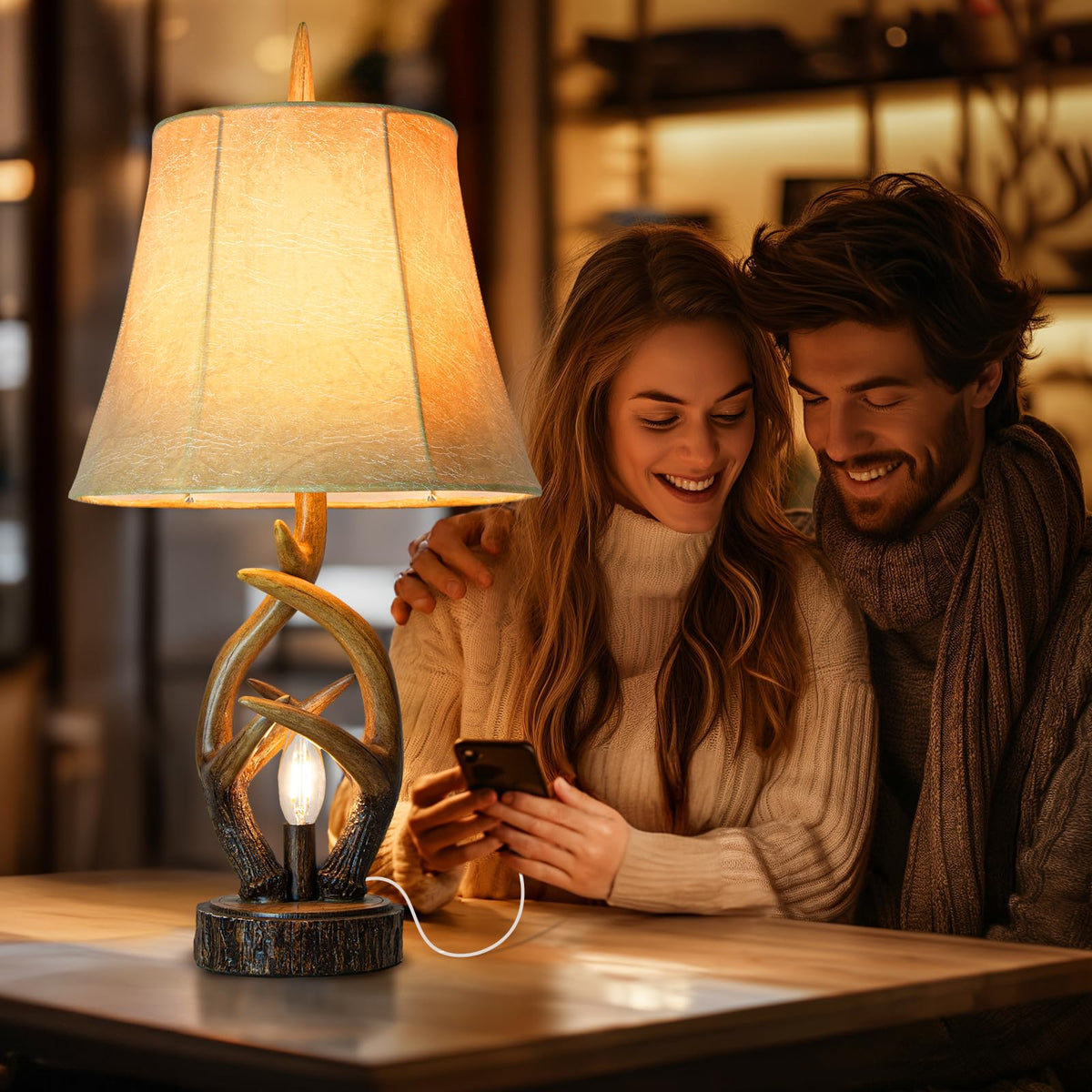 Scenekoy Deer Antler Table Lamp Set of 2 with Nightlight for Living Room
