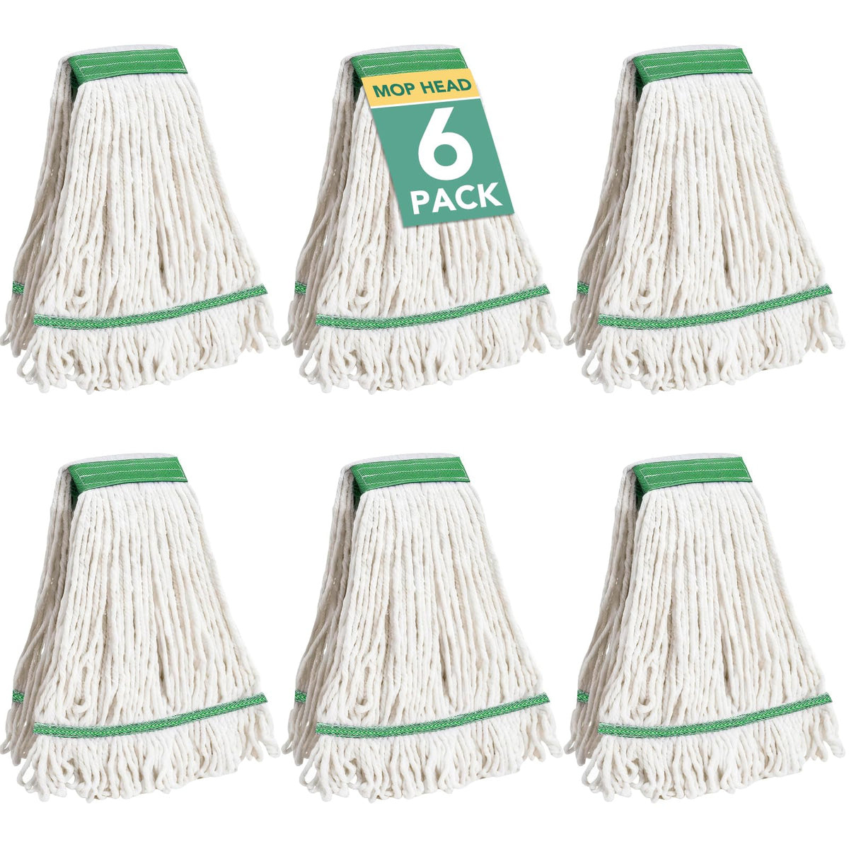 6 Pack Commercial Mop Head Replacement – Heavy Duty Mop Head for General and Floor Cleaning | Industrial Wet Mops | Washable Refill, Reusable, Looped End Mopheads | Hardwood, Concrete