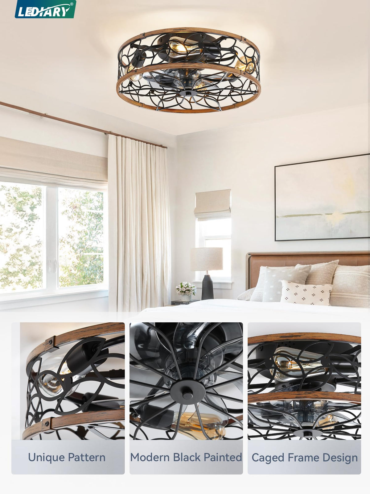 LEDIARY Caged Ceiling Fan with Light, Flush Mount Fandalier with Remote