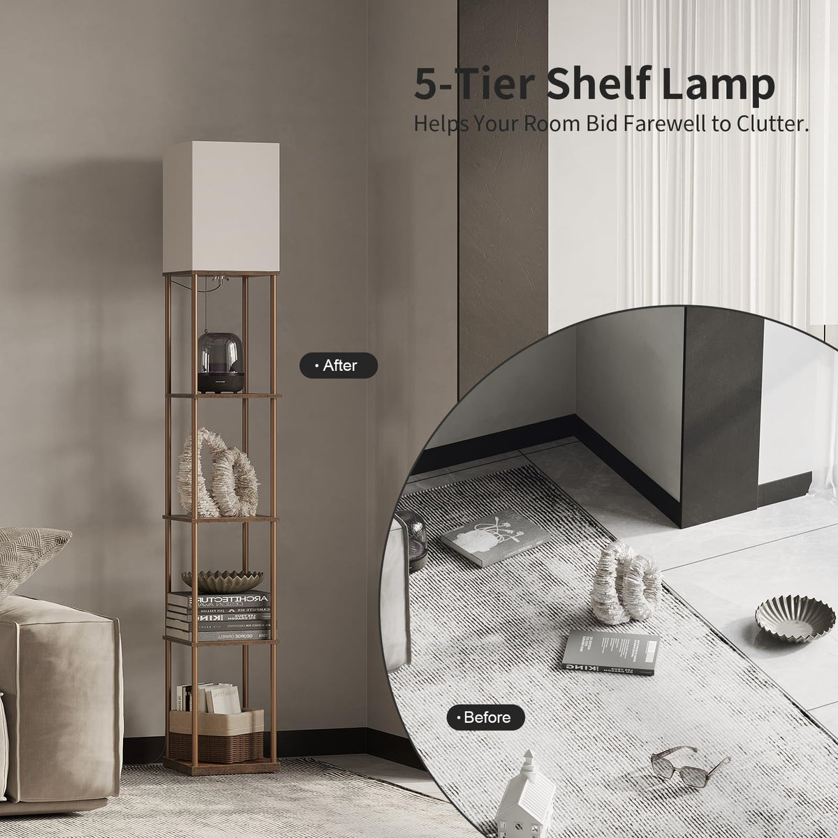 SUNMORY Floor Lamp with Shelves, Standing Lamps for Living Room, Black
