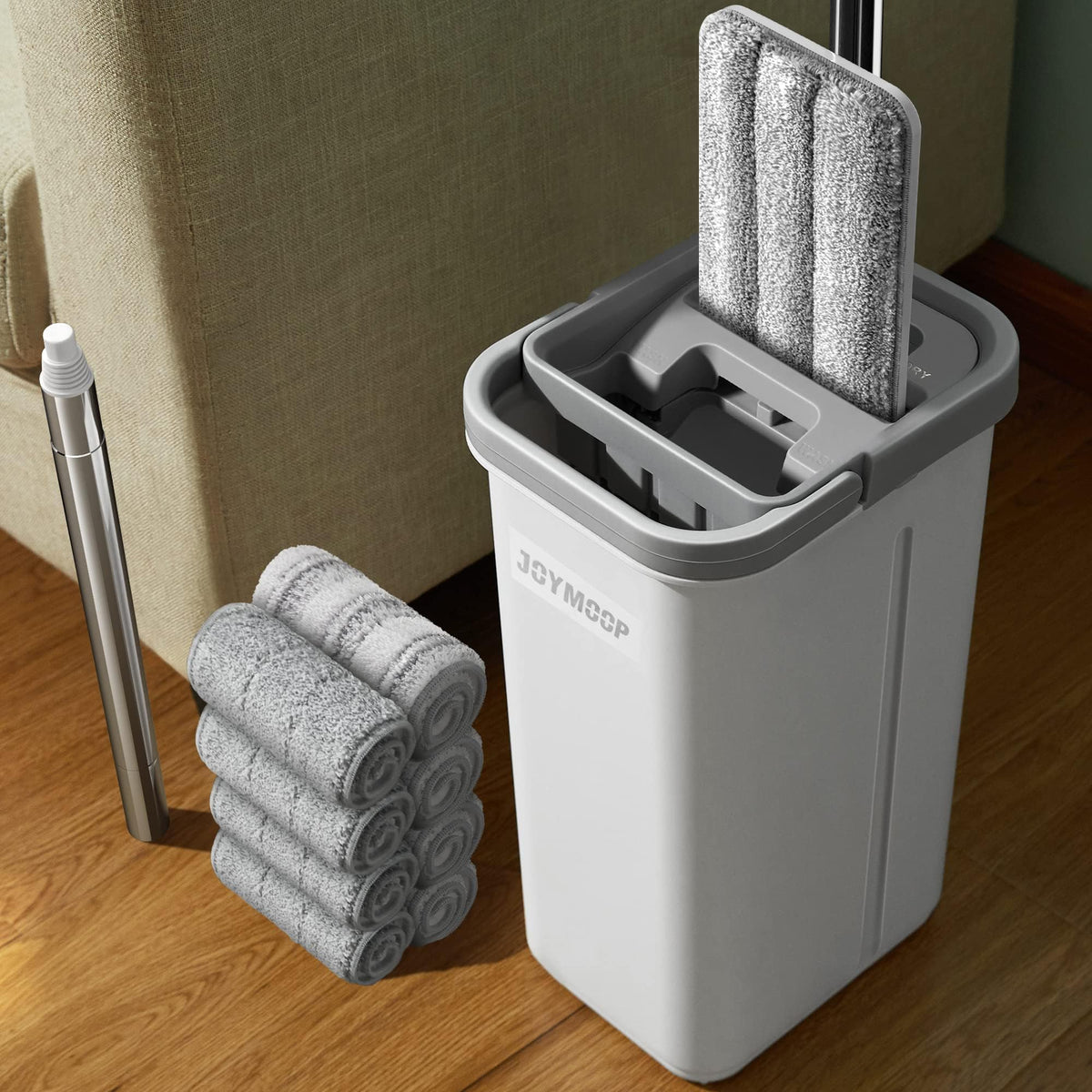 JOYMOOP Flat Mop System, Microfiber Mop and Bucket Set, White, Commercial & Household Use, Hardwood Floor & Wall Cleaning Mop with Long Handle, 4 Microfiber Pads