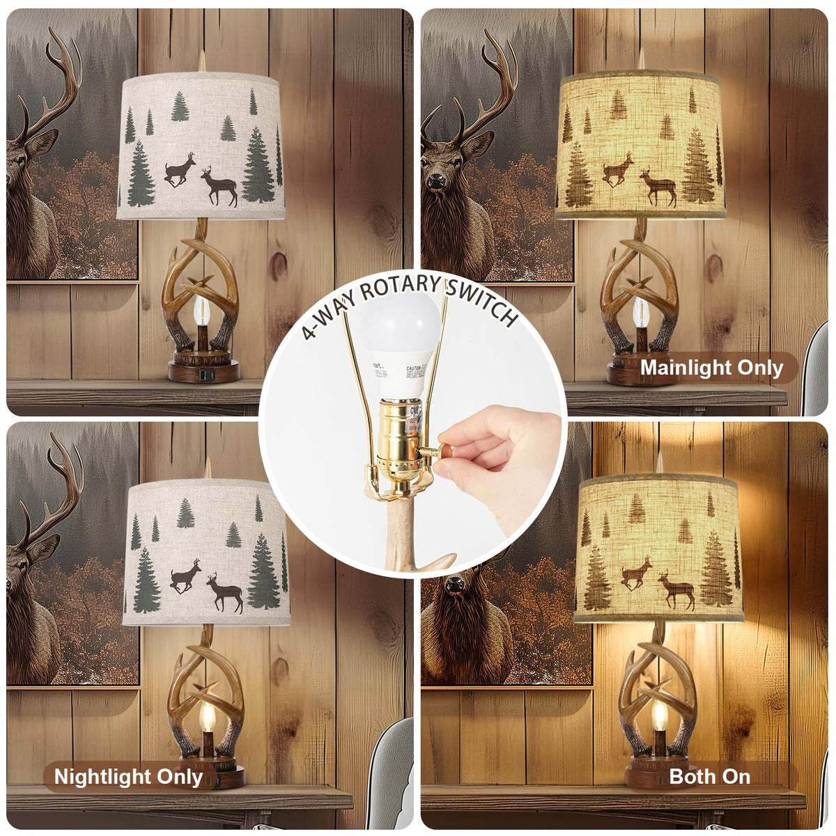 Scenekoy Deer Antler Table Lamp Set of 2 with Nightlight for Living Room