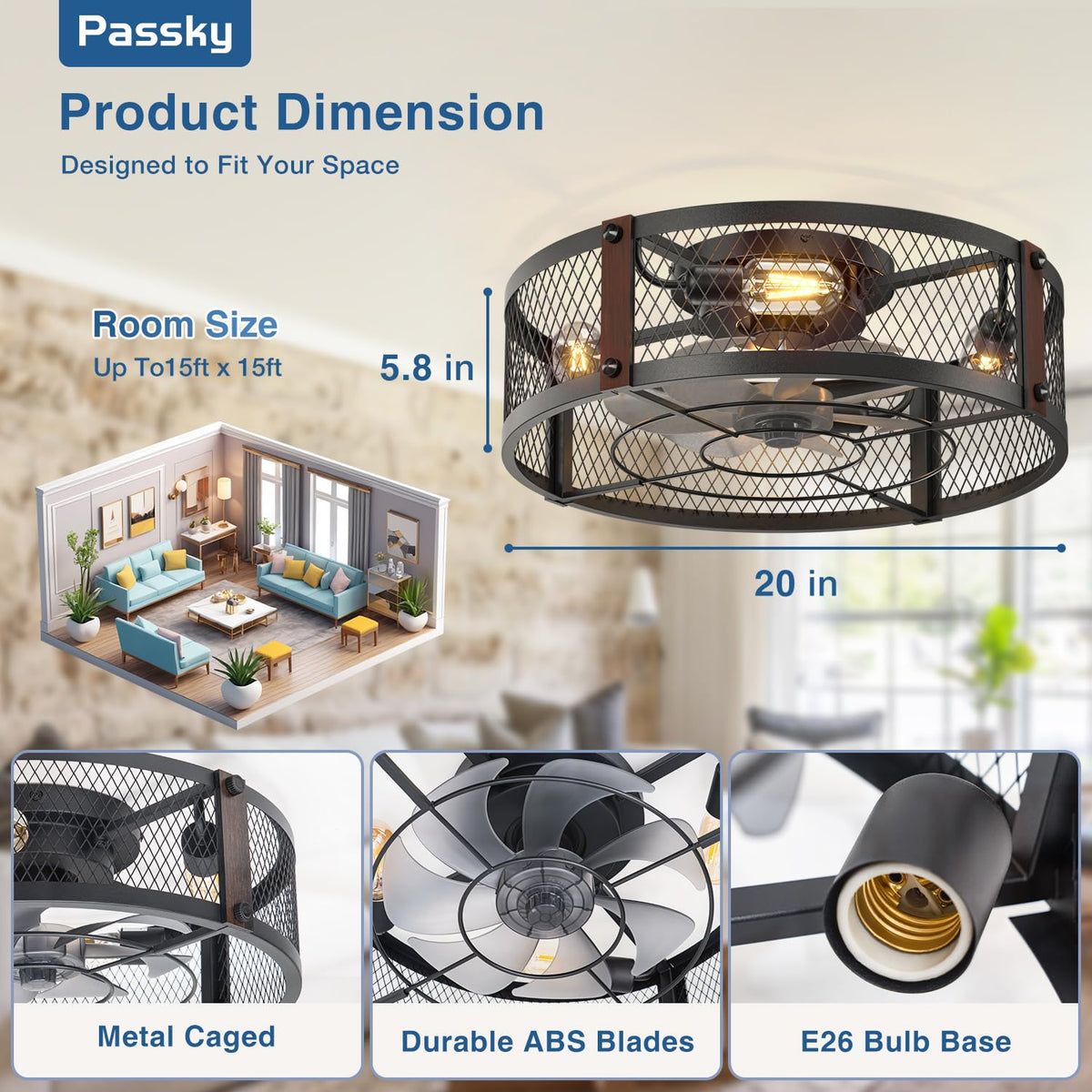 Passky 20" Caged Ceiling Fans with Lights and Remote, Low Profile Fandelier