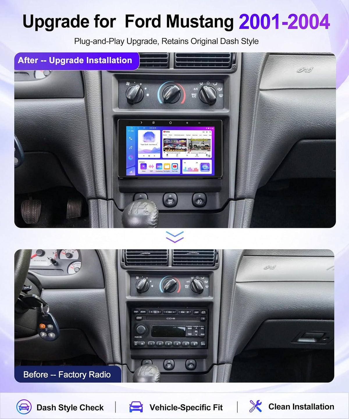 4+64GB Car Stereo for Ford Mustang 2001-2004 with CarPlay