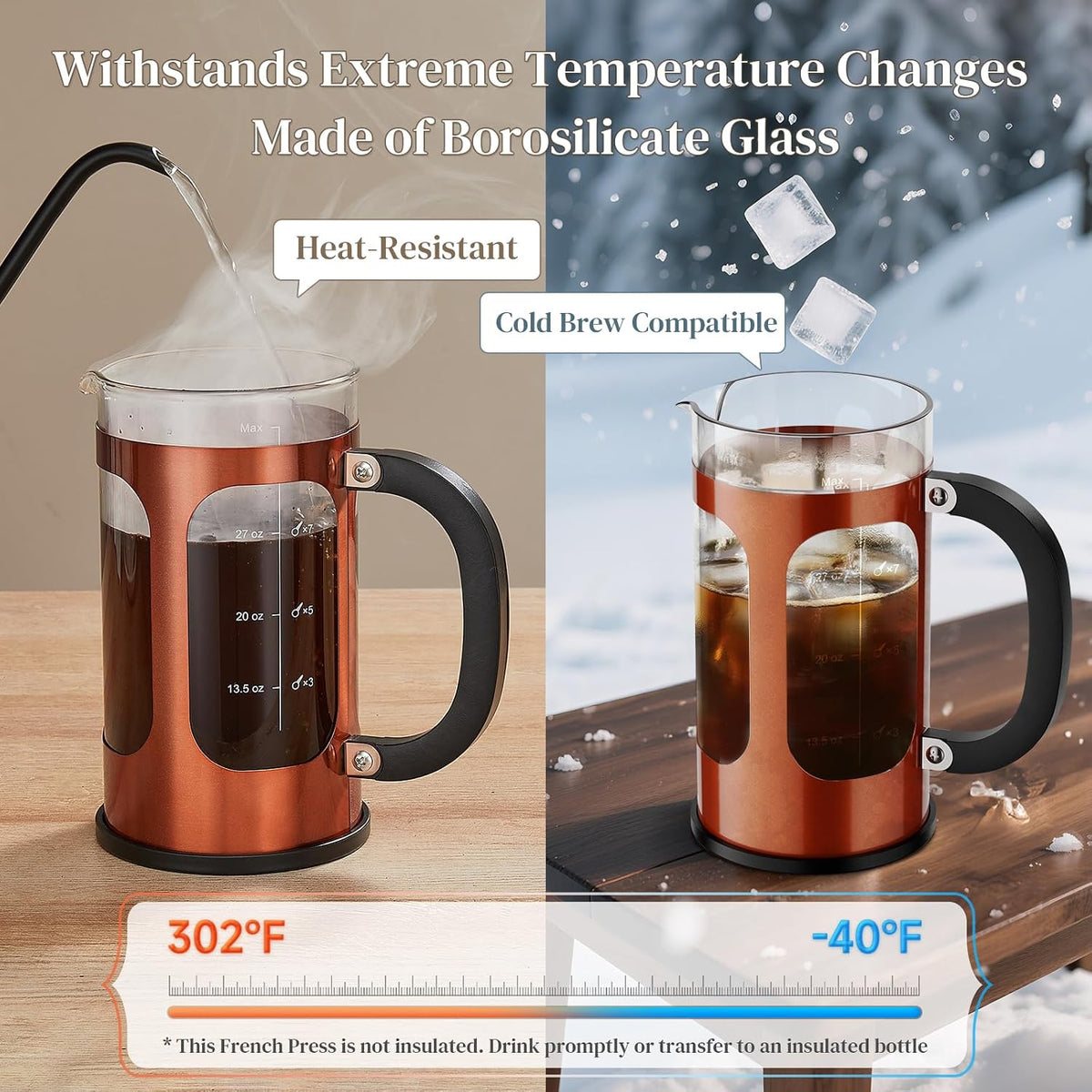 Veken 34oz French Press Coffee Maker, No Plastic Touching Cafe,1 L Cafetera